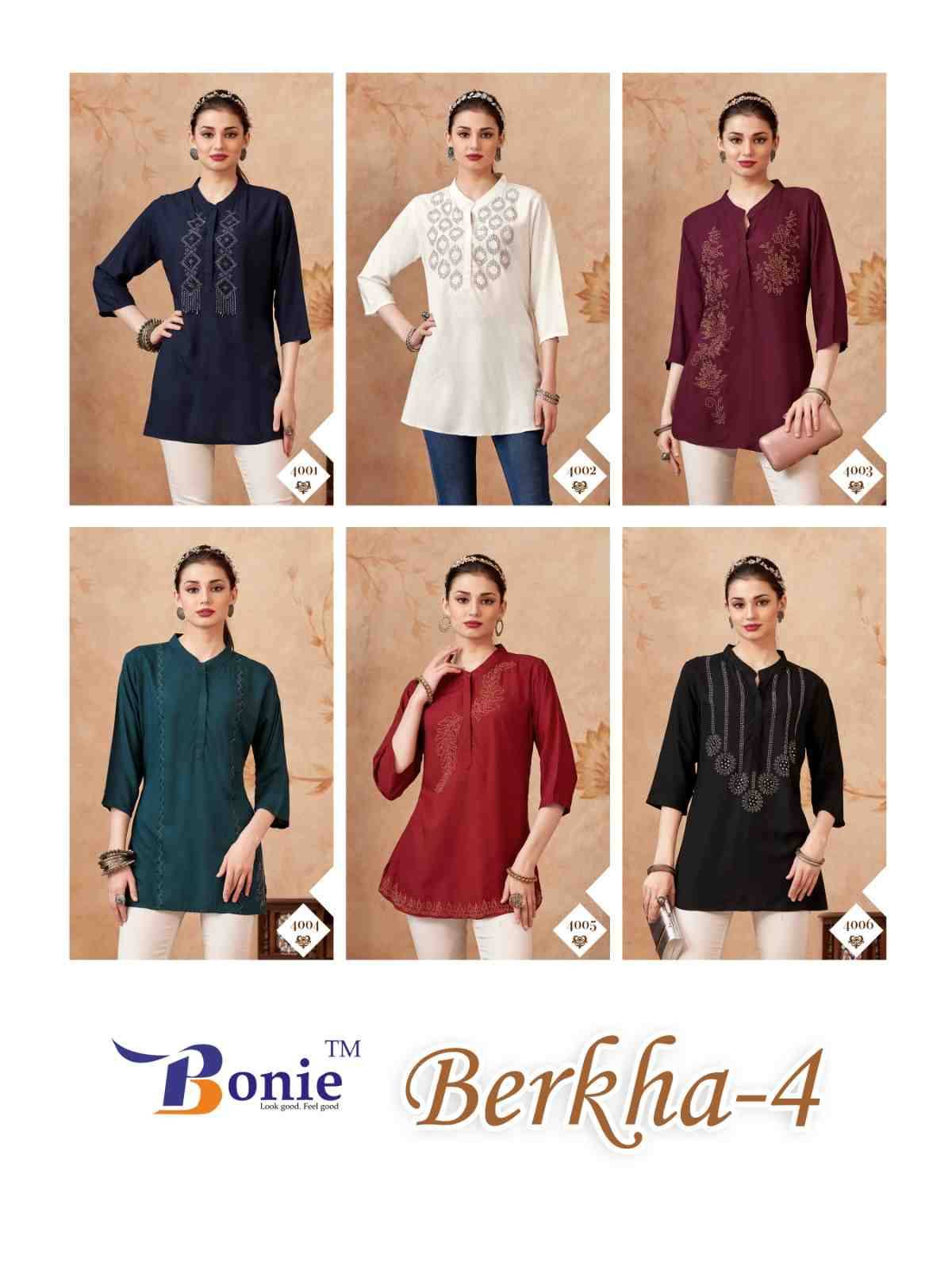 Berkha Vol-4 By Bonie 1001 To 1006 Series Designer Stylish Fancy Colorful Beautiful Party Wear & Ethnic Wear Collection Rayon Tops At Wholesale Price