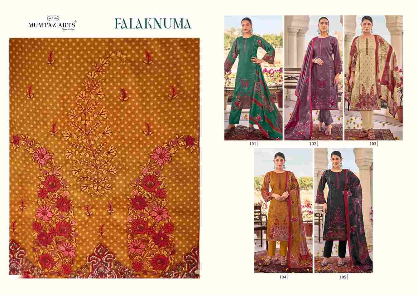 Falaknuma By Mumtaz Arts 101 To 105 Series Beautiful Festive Suits Colorful Stylish Fancy Casual Wear & Ethnic Wear Pure Jam Print Dresses At Wholesale Price