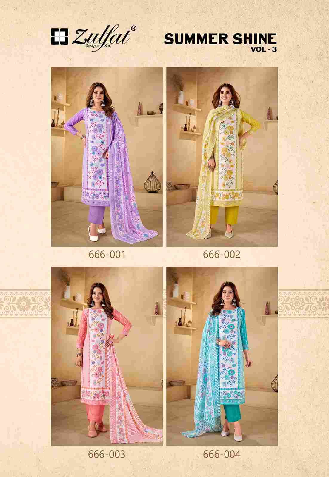 Summer Shine Vol-3 By Zulfat 666-001 To 666-004 Series Beautiful Festive Suits Stylish Fancy Colorful Casual Wear & Ethnic Wear Pure Cotton Print Dresses At Wholesale Price