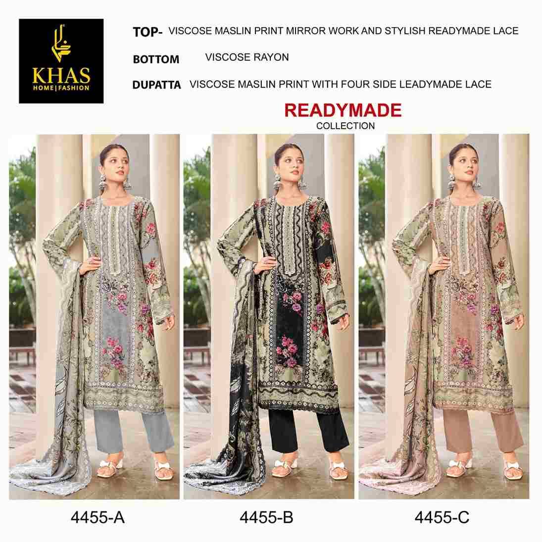 Khas 4455 Colours By Khas 4455-A To 4455-C Series Beautiful Pakistani Suits Colorful Stylish Fancy Casual Wear & Ethnic Wear Viscose Muslin Dresses At Wholesale Price