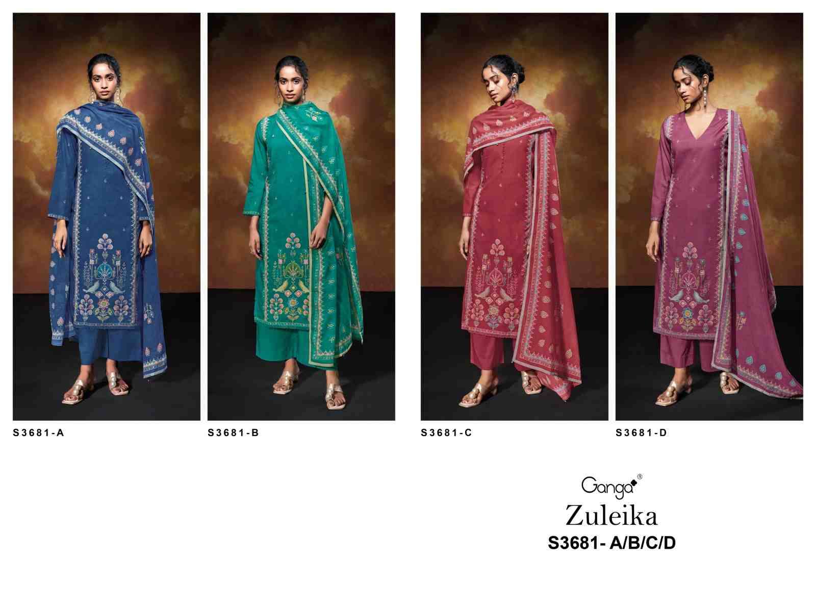 Zuleika-3681 By Ganga Fashion 3681-A To 3681-D Series Beautiful Festive Suits Colorful Stylish Fancy Casual Wear & Ethnic Wear Pure Mal Dresses At Wholesale Price