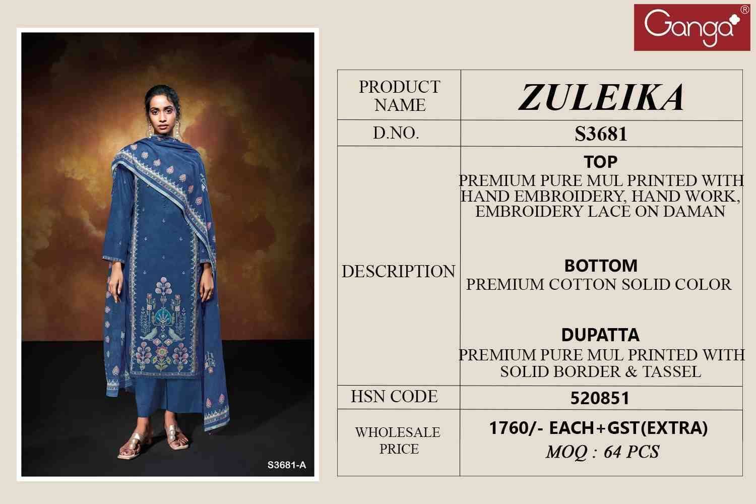 Zuleika-3681 By Ganga Fashion 3681-A To 3681-D Series Beautiful Festive Suits Colorful Stylish Fancy Casual Wear & Ethnic Wear Pure Mal Dresses At Wholesale Price