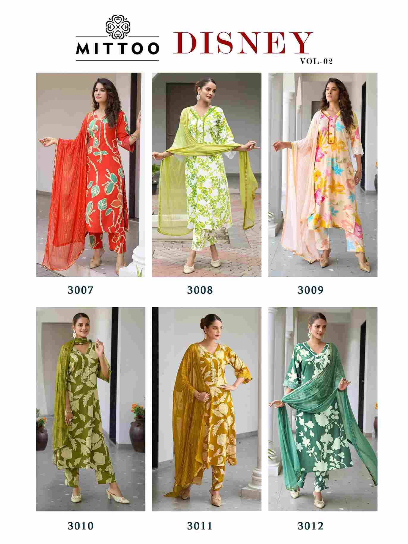 Disney Vol-2 By Mittoo 3007 To 3012 Series Beautiful Suits Colorful Stylish Fancy Casual Wear & Ethnic Wear Rayon Print Dresses At Wholesale Price