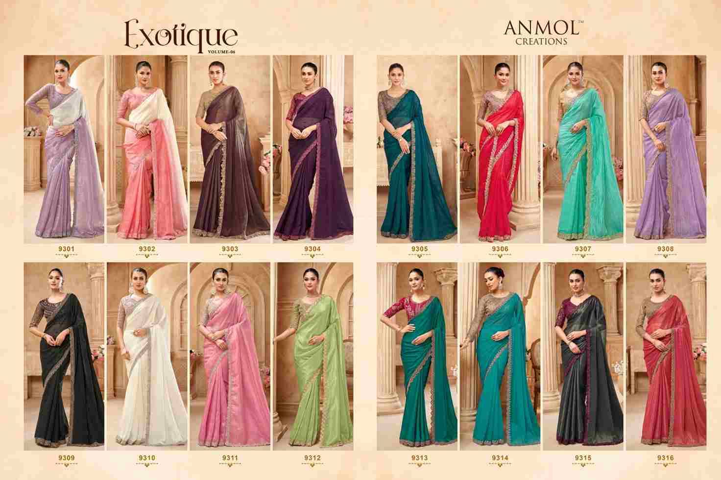 Exotique Vol-6 By Anmol Creation 9301 To 9316 Series Indian Traditional Wear Collection Beautiful Stylish Fancy Colorful Party Wear & Occasional Wear Crush/Shimmer/Fendi Sarees At Wholesale Price