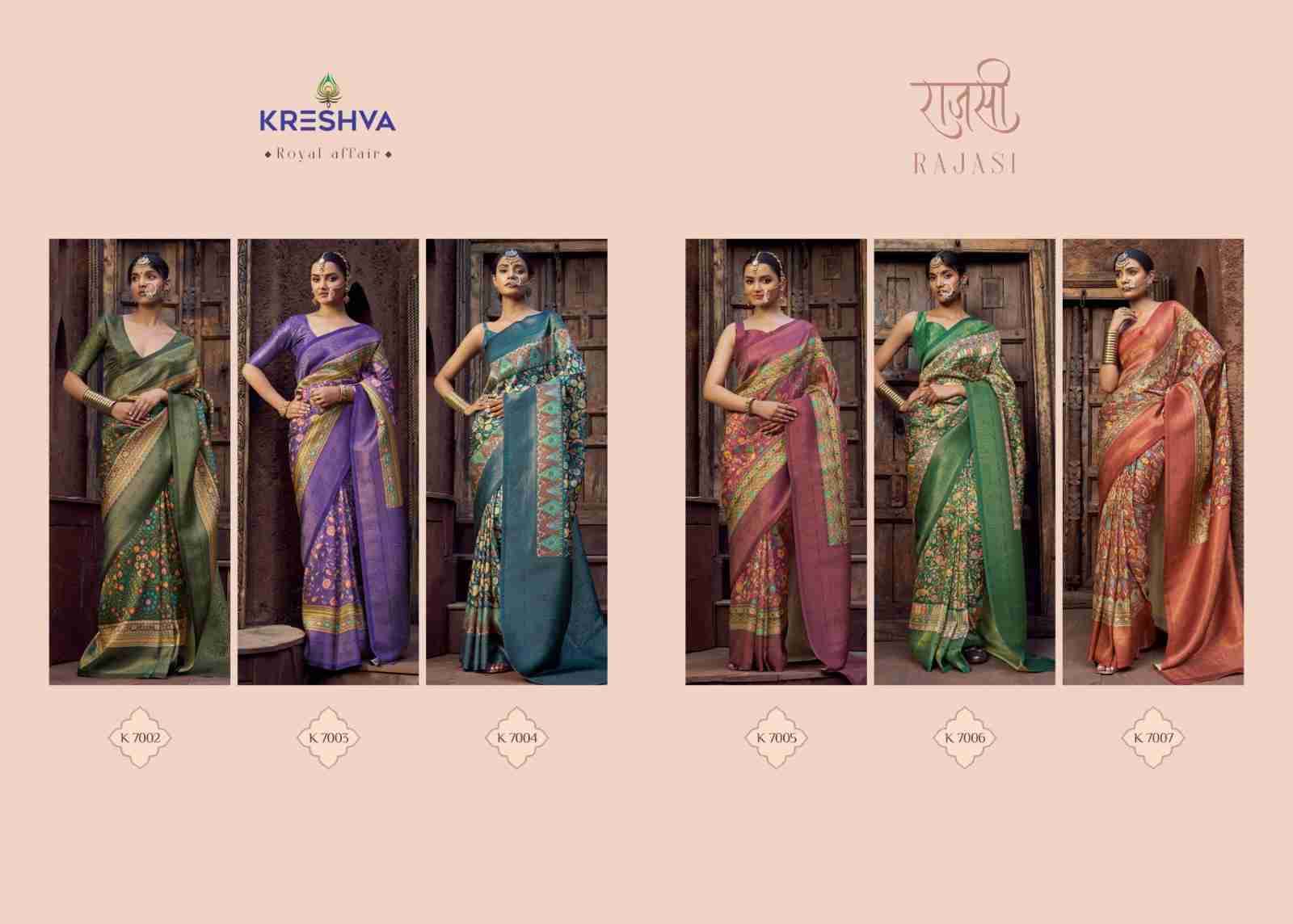 Rajasi By Kreshva 7002 To 7007 Series Indian Traditional Wear Collection Beautiful Stylish Fancy Colorful Party Wear & Occasional Wear Jacquard Silk Sarees At Wholesale Price