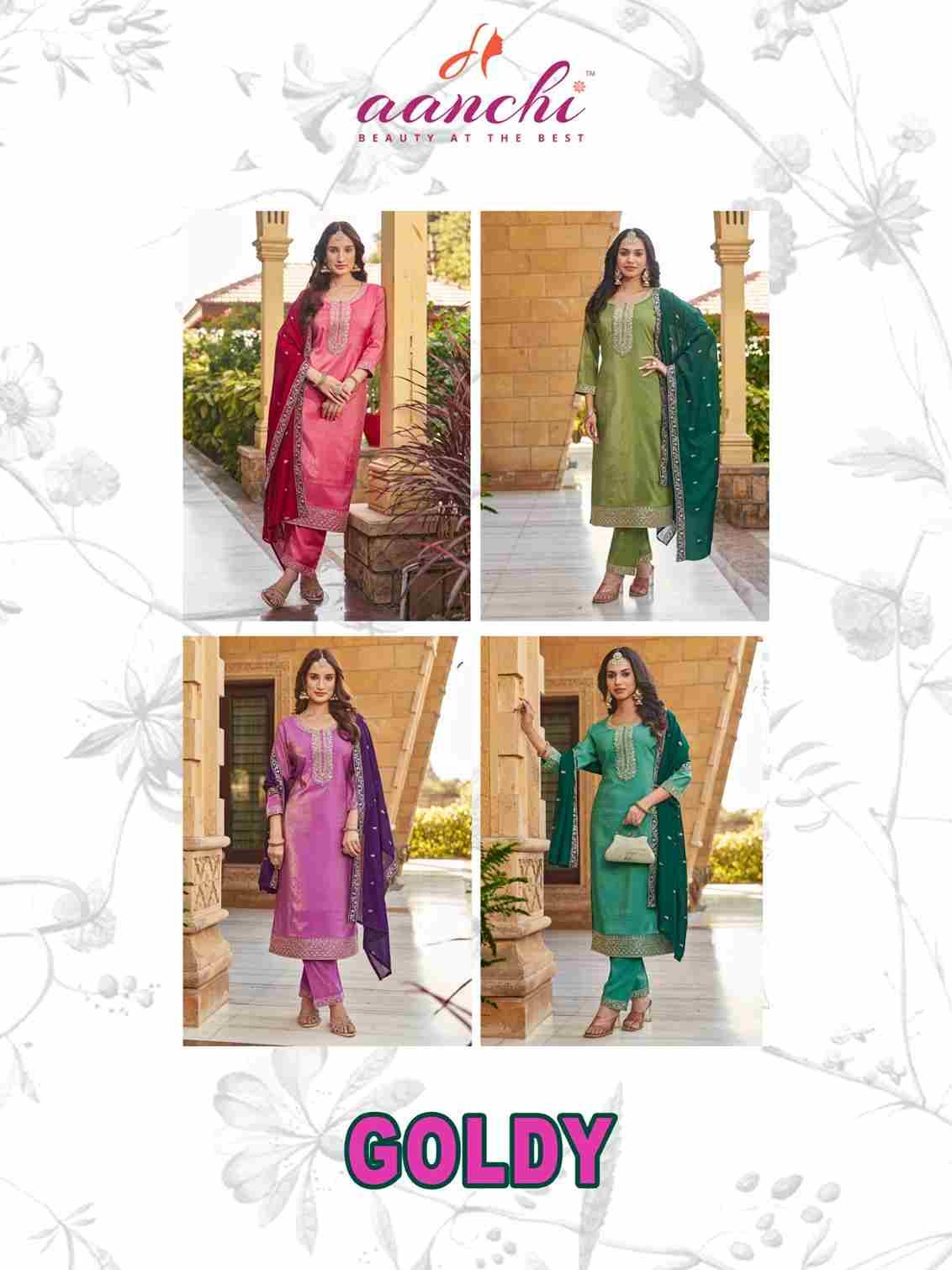 Goldy By Aanchi 101 To 104 Series Beautiful Suits Colorful Stylish Fancy Casual Wear & Ethnic Wear Roman Shimmer Dresses At Wholesale Price