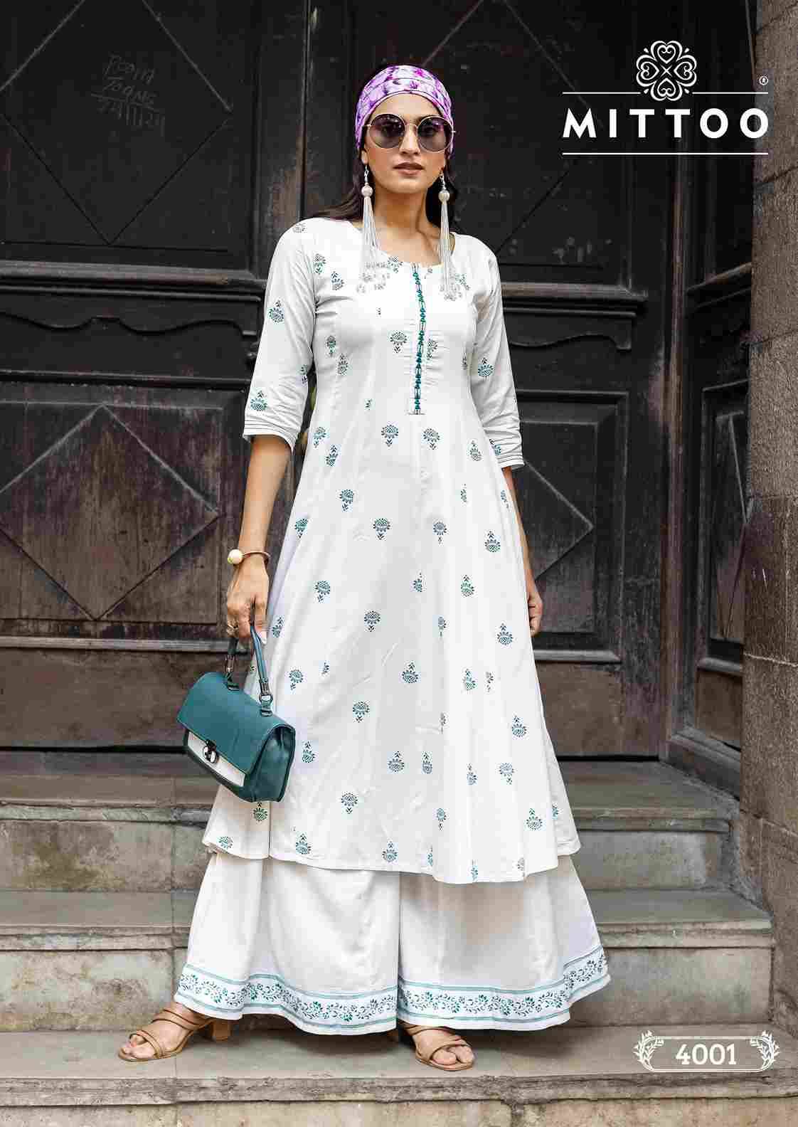 Toral By Mittoo 4001 To 4005 Series Designer Stylish Fancy Colorful Beautiful Party Wear & Ethnic Wear Collection Rayon Print Kurtis With Bottom At Wholesale Price