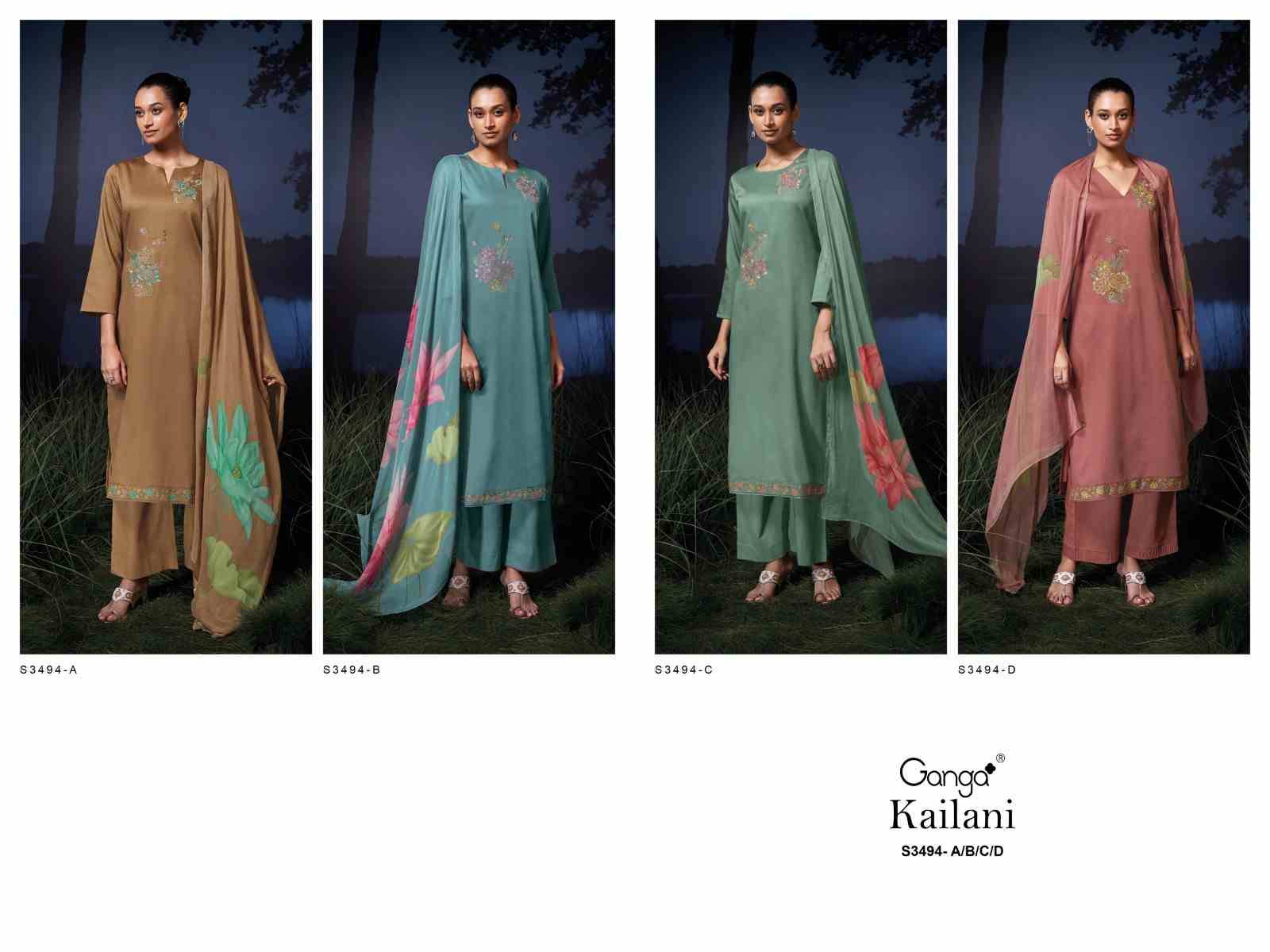 Kailani-3494 By Ganga Fashion 3494-A To 3494-D Series Beautiful Festive Suits Colorful Stylish Fancy Casual Wear & Ethnic Wear Pure Cotton Satin Dresses At Wholesale Price