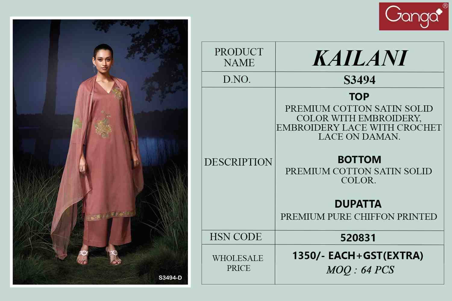 Kailani-3494 By Ganga Fashion 3494-A To 3494-D Series Beautiful Festive Suits Colorful Stylish Fancy Casual Wear & Ethnic Wear Pure Cotton Satin Dresses At Wholesale Price