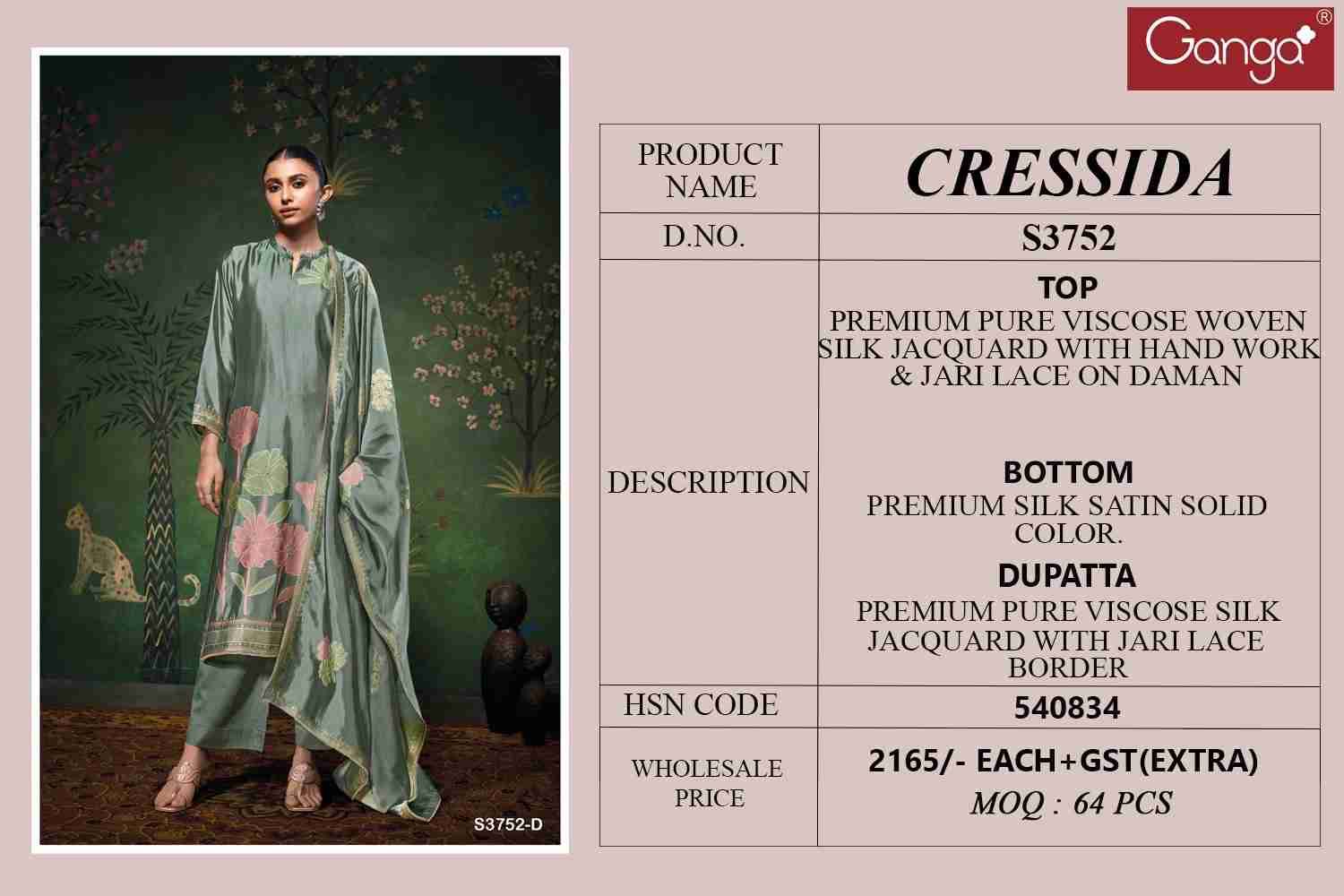 Cressida-3752 By Ganga Fashion 3752-A To 3752-D Series Beautiful Festive Suits Colorful Stylish Fancy Casual Wear & Ethnic Wear Pure Viscose Silk Jacquard Dresses At Wholesale Price