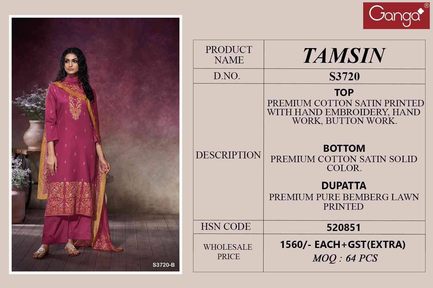 Tamsin-3720 By Ganga Fashion 3720-A To 3720-D Series Beautiful Festive Suits Colorful Stylish Fancy Casual Wear & Ethnic Wear Pure Cotton Satin Dresses At Wholesale Price