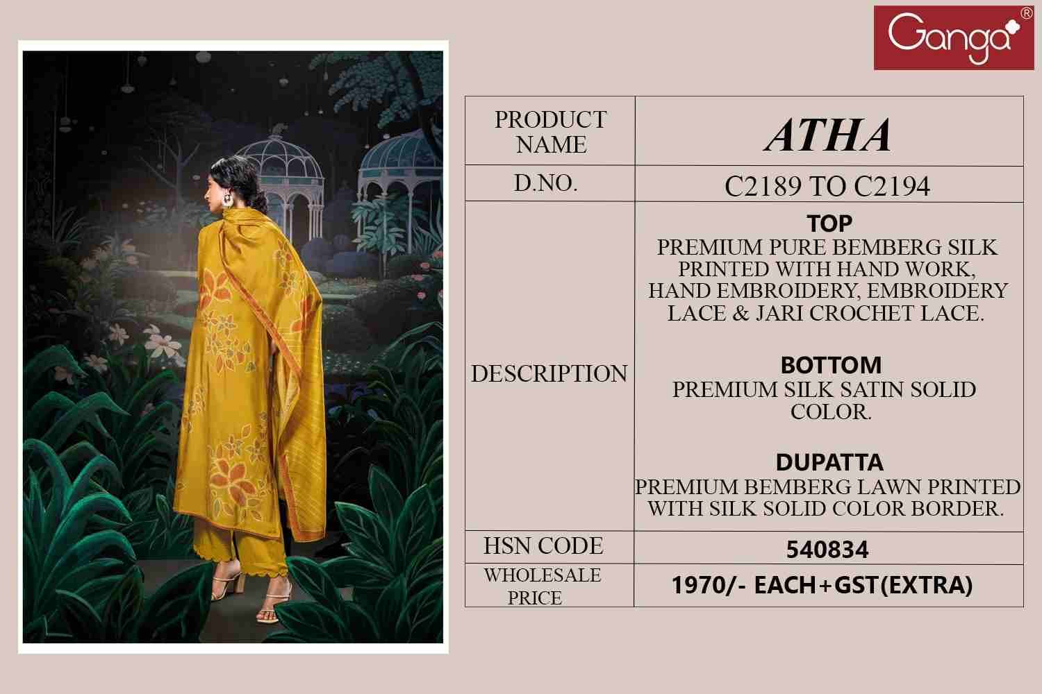 Atha By Ganga Fashion 2189 To 2194 Series Beautiful Festive Suits Colorful Stylish Fancy Casual Wear & Ethnic Wear Pure Bemberg Silk Dresses At Wholesale Price