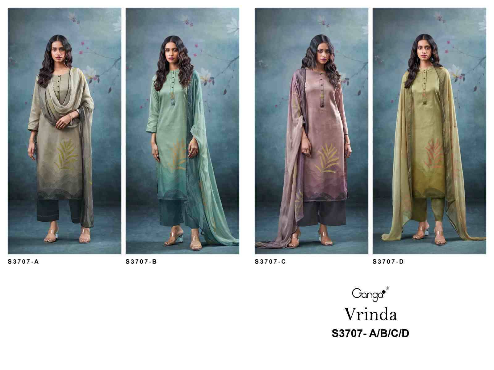Vrinda-3707 By Ganga Fashion 3707-A To 3707-D Series Beautiful Festive Suits Colorful Stylish Fancy Casual Wear & Ethnic Wear Pure Cotton Satin Dresses At Wholesale Price