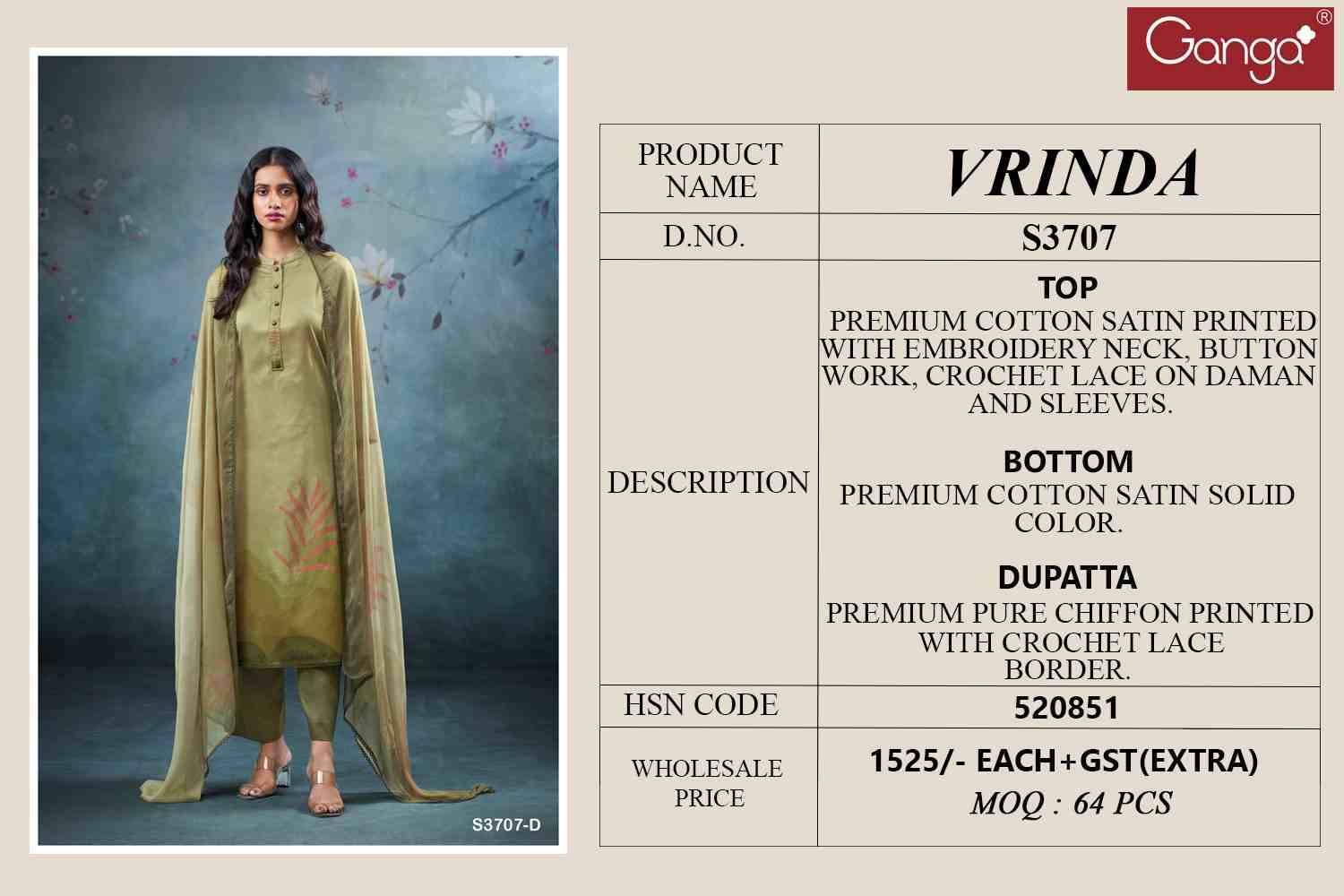 Vrinda-3707 By Ganga Fashion 3707-A To 3707-D Series Beautiful Festive Suits Colorful Stylish Fancy Casual Wear & Ethnic Wear Pure Cotton Satin Dresses At Wholesale Price