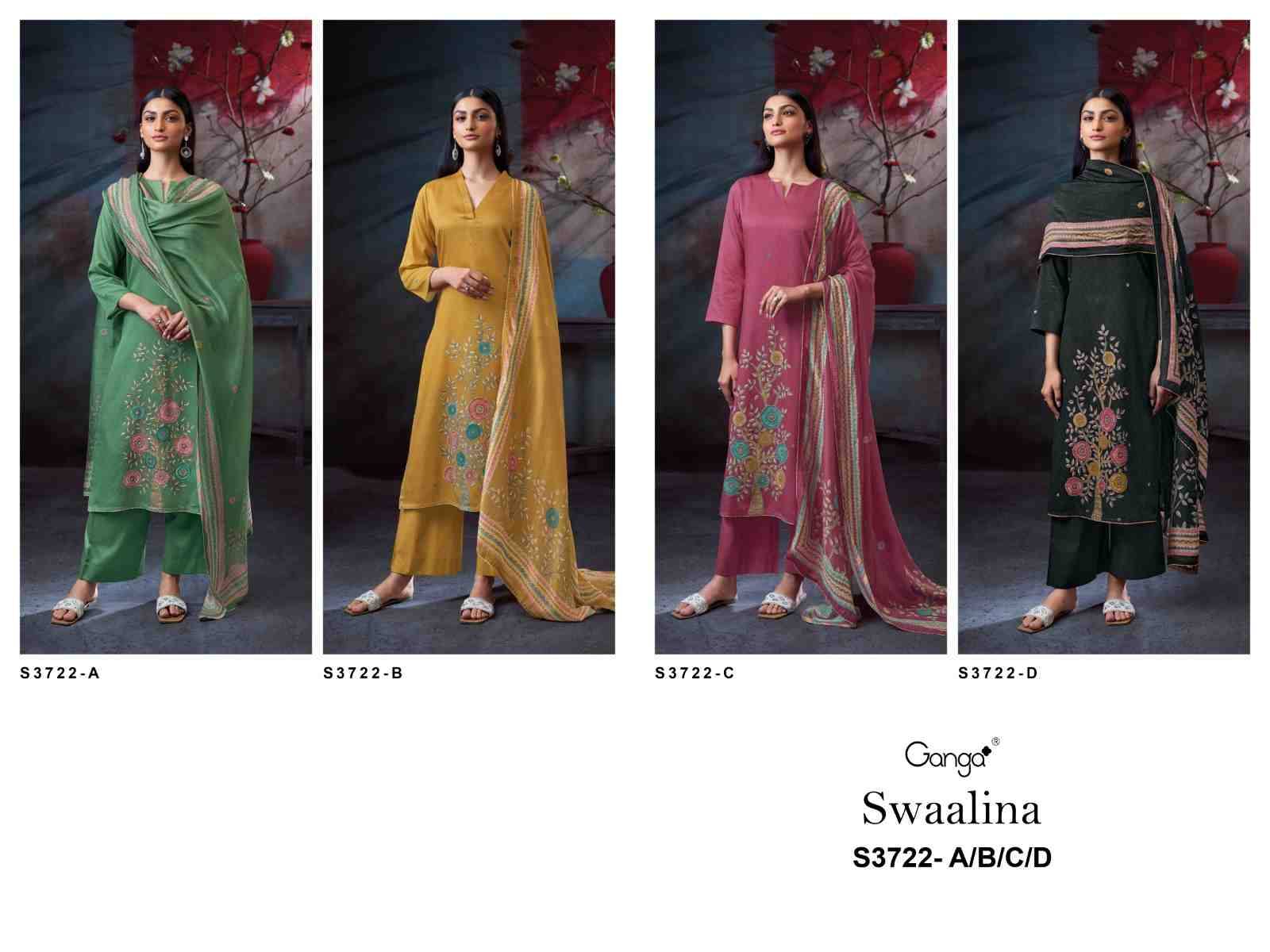 Swaalina-3722 By Ganga Fashion 3722-A To 3722-D Series Beautiful Festive Suits Colorful Stylish Fancy Casual Wear & Ethnic Wear Pure Cotton Satin Dresses At Wholesale Price