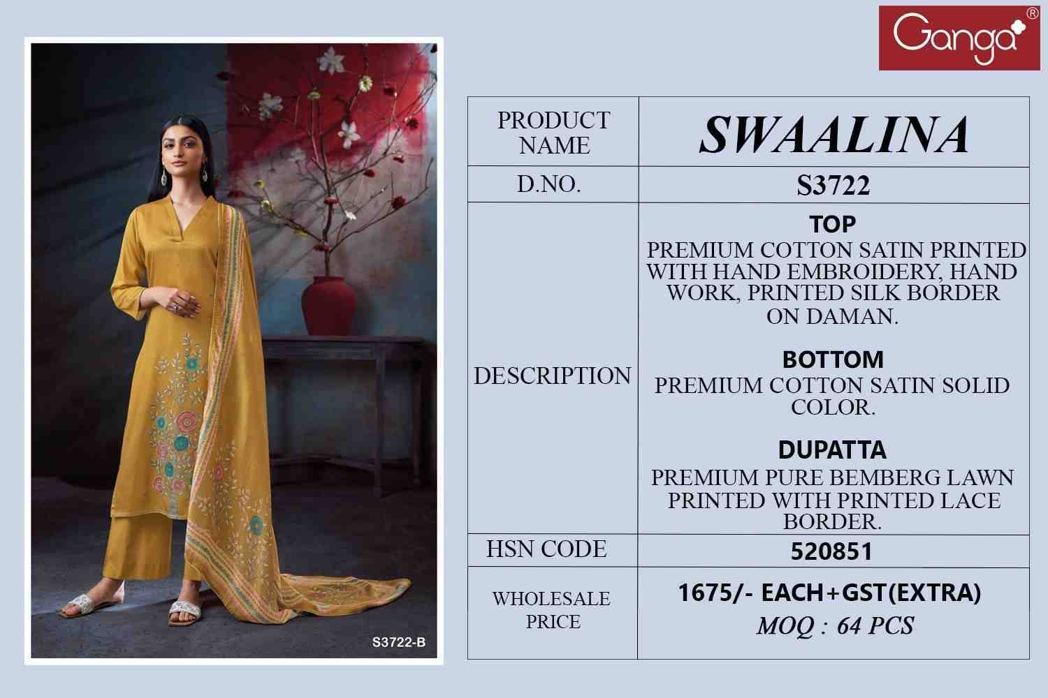 Swaalina-3722 By Ganga Fashion 3722-A To 3722-D Series Beautiful Festive Suits Colorful Stylish Fancy Casual Wear & Ethnic Wear Pure Cotton Satin Dresses At Wholesale Price