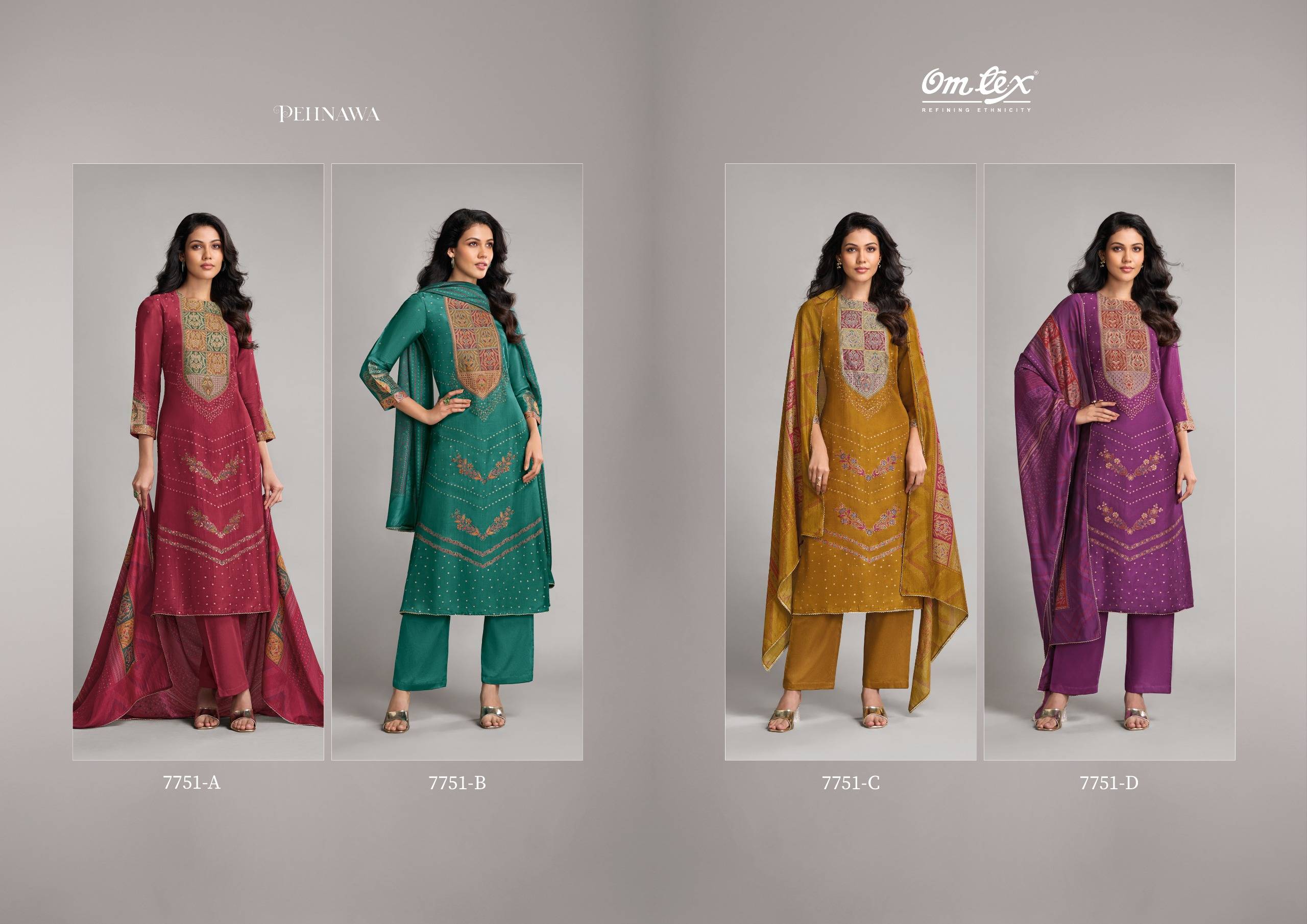 Pehnawa By Om Tex 7751-A To 7751-D Series Beautiful Suits Stylish Fancy Colorful Party Wear & Ethnic Wear Silk Jacquard Dresses At Wholesale Price