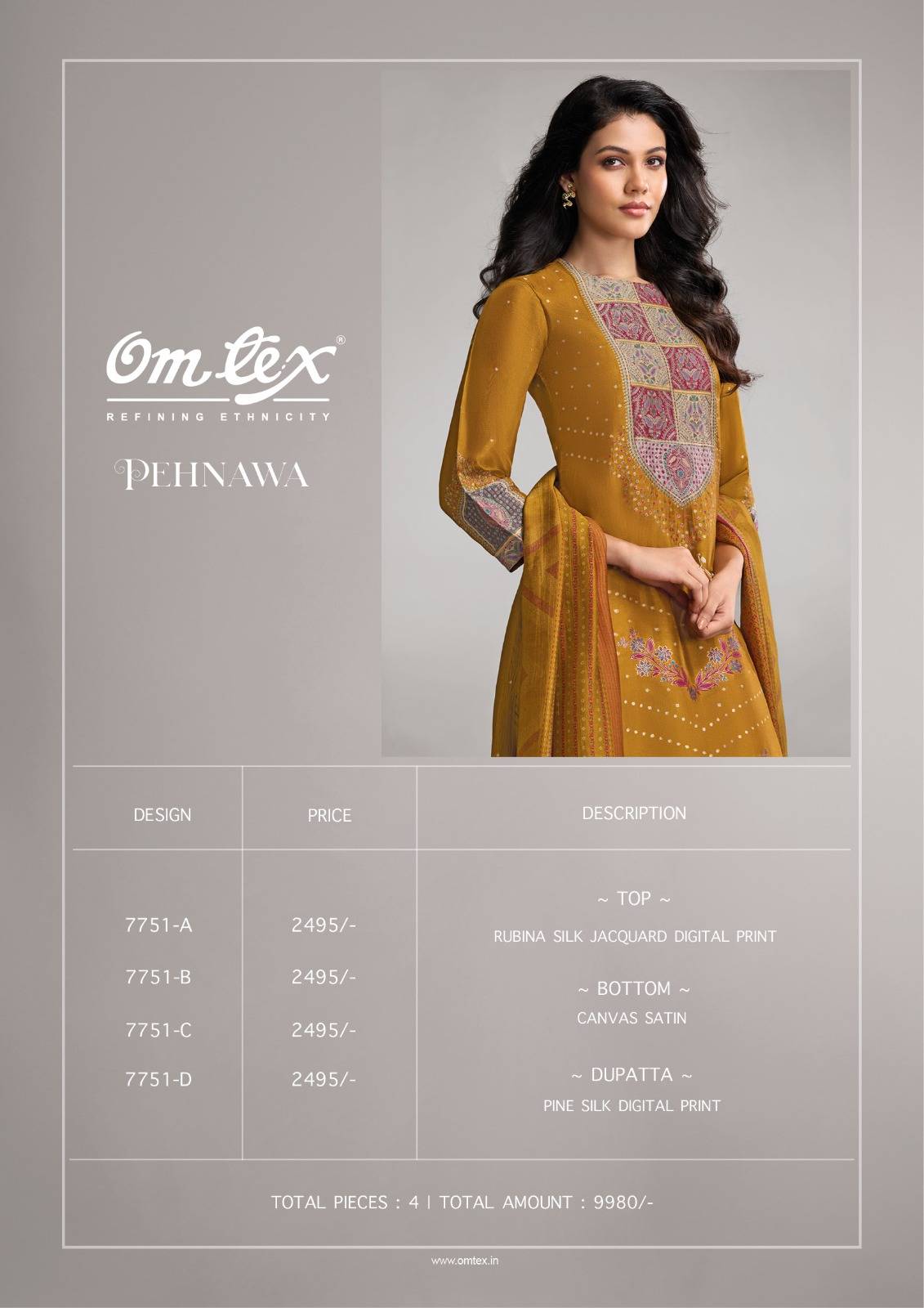 Pehnawa By Om Tex 7751-A To 7751-D Series Beautiful Suits Stylish Fancy Colorful Party Wear & Ethnic Wear Silk Jacquard Dresses At Wholesale Price