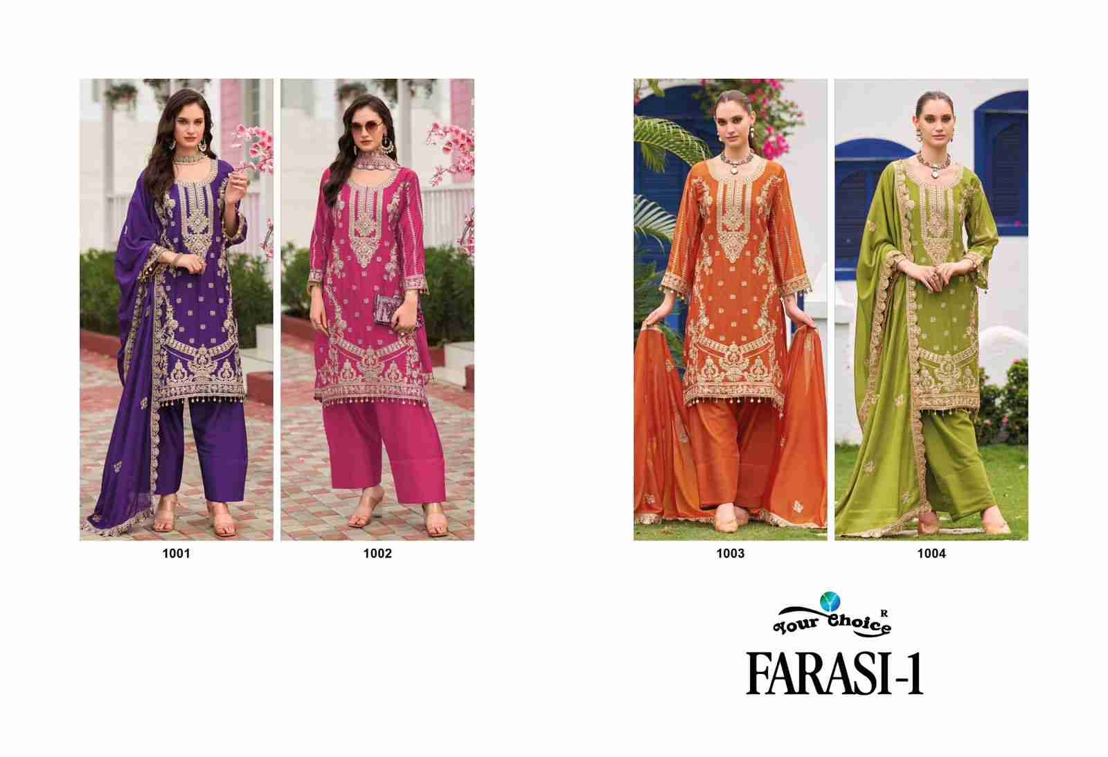 Farasi Vol-1 By Your Choice 1001 To 1004 Series Beautiful Sharara Suits Colorful Stylish Fancy Casual Wear & Ethnic Wear Chinnon Dresses At Wholesale Price