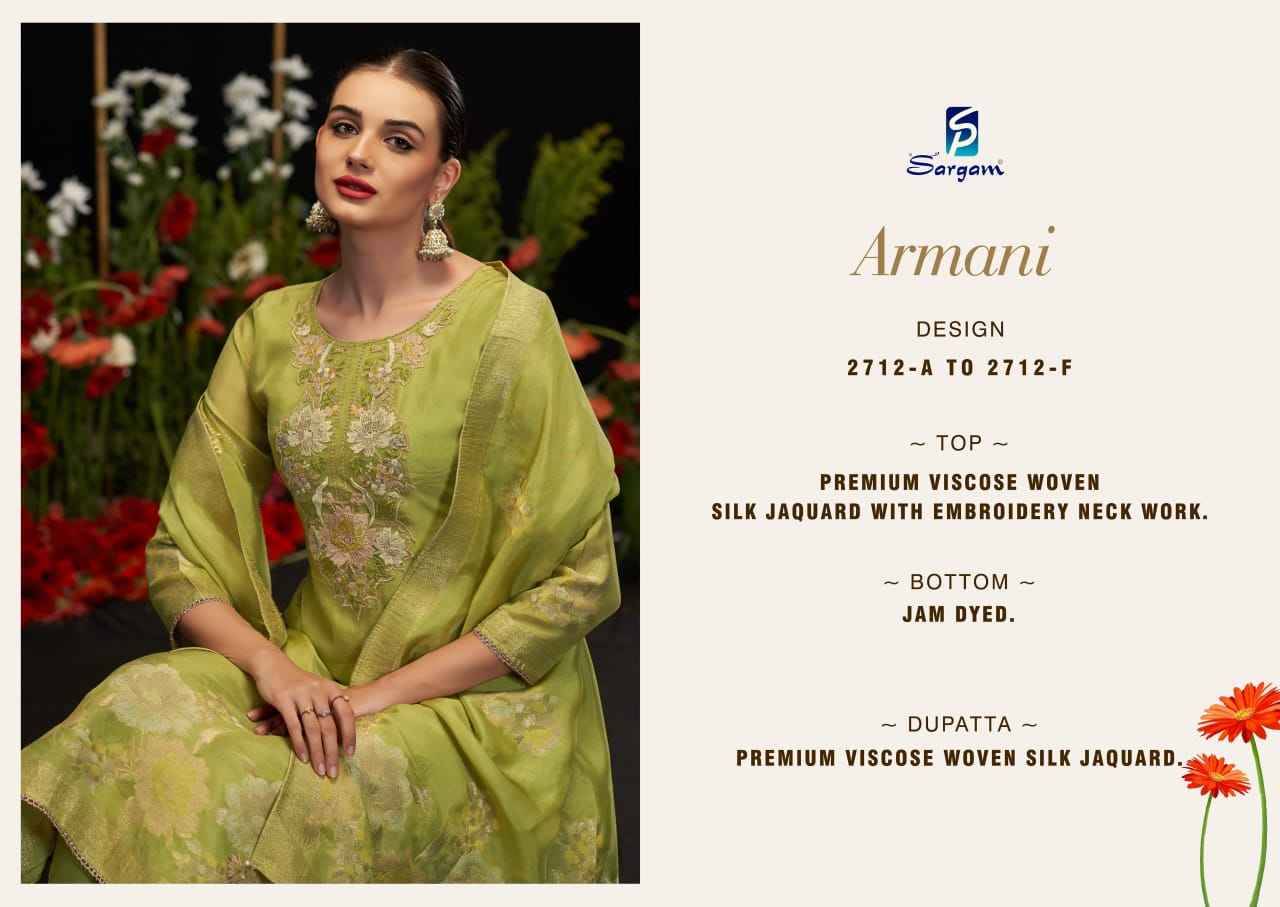 Armani By Sargam Prints 2712-A To 2712-F Series Beautiful Festive Suits Stylish Fancy Colorful Casual Wear & Ethnic Wear Pure Viscose Silk Jacquard Dresses At Wholesale Price