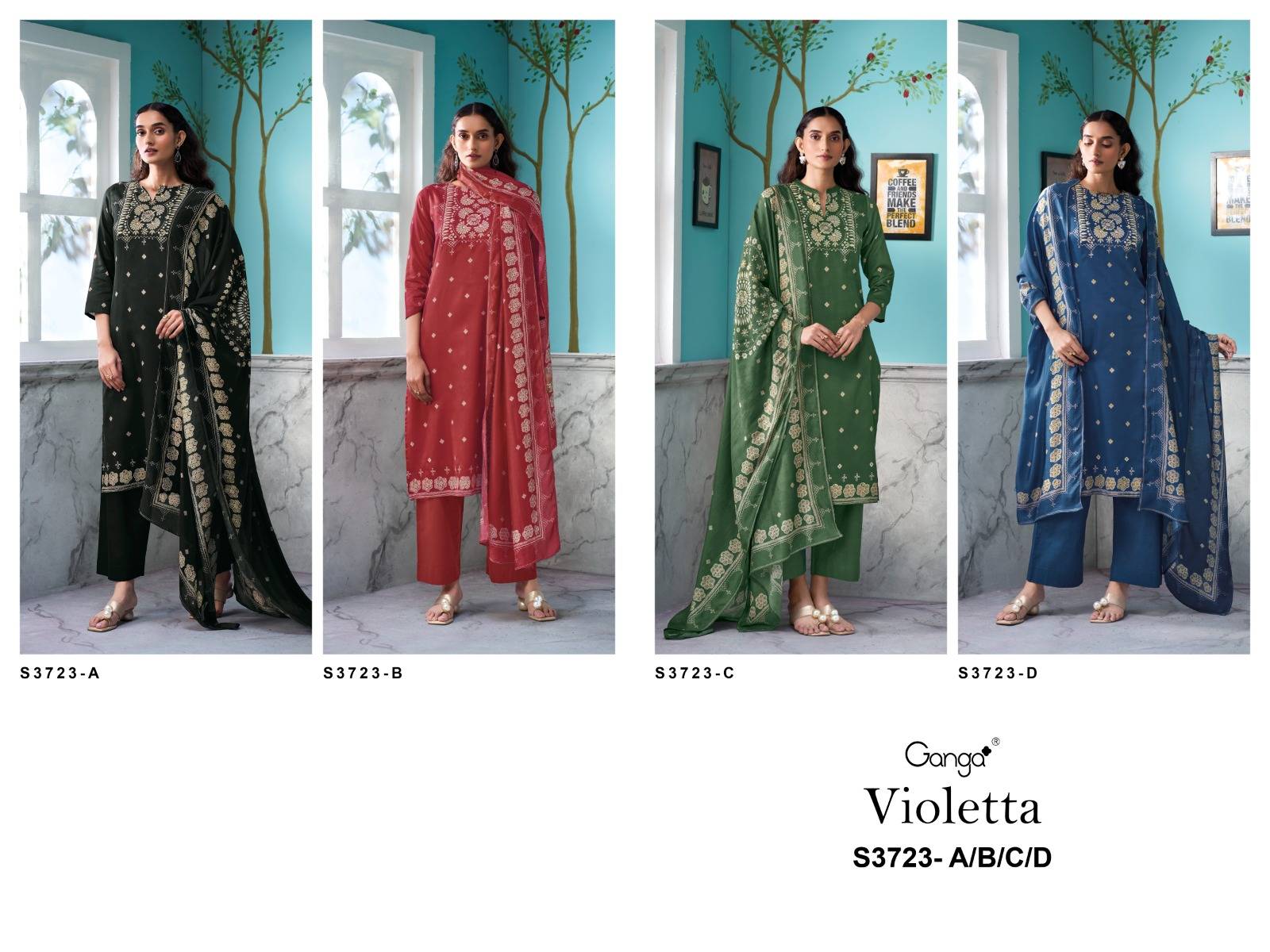 Violetta-3723 By Ganga Fashion 3723-A To 3723-D Series Beautiful Festive Suits Colorful Stylish Fancy Casual Wear & Ethnic Wear Pure Cotton Satin Dresses At Wholesale Price