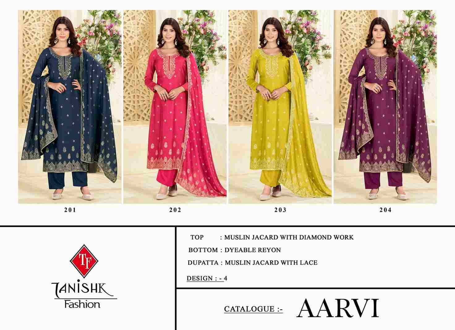 Aarvi By Tanishk Fashion 201 To 204 Series Beautiful Festive Suits Colorful Stylish Fancy Casual Wear & Ethnic Wear Muslin Jacquard Dresses At Wholesale Price