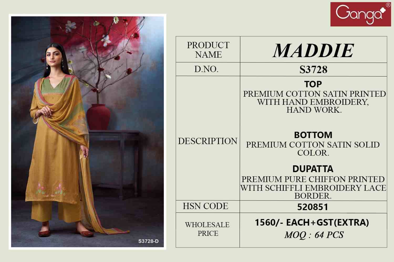 Maddie-3728 By Ganga Fashion 3728-A To 3728-D Series Beautiful Festive Suits Colorful Stylish Fancy Casual Wear & Ethnic Wear Pure Cotton Satin Dresses At Wholesale Price