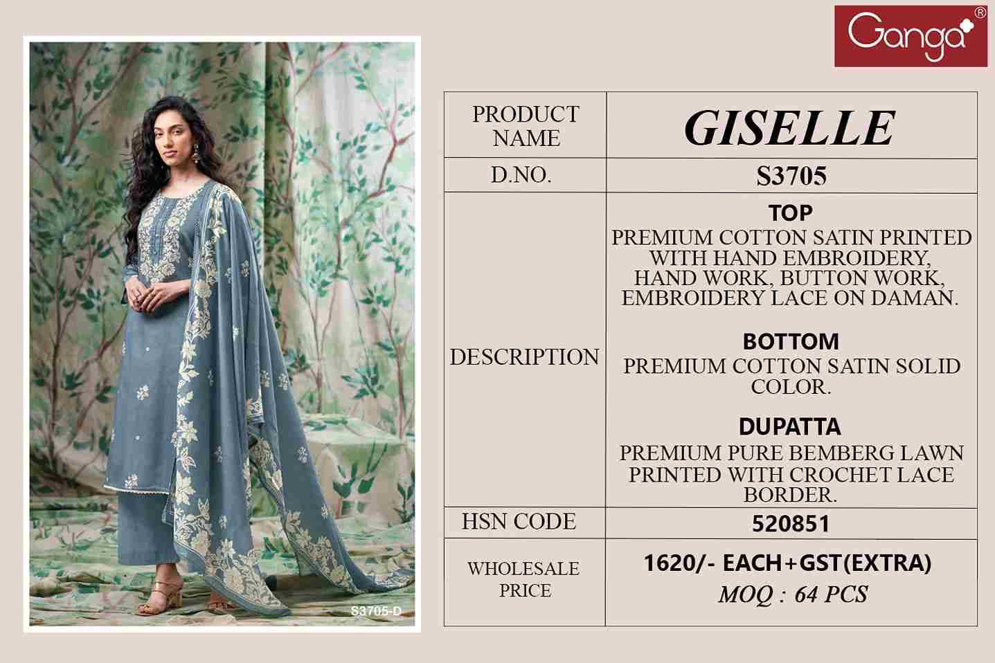 Giselle-3705 By Ganga Fashion 3705-A To 3705-D Series Beautiful Festive Suits Colorful Stylish Fancy Casual Wear & Ethnic Wear Pure Cotton Satin Dresses At Wholesale Price