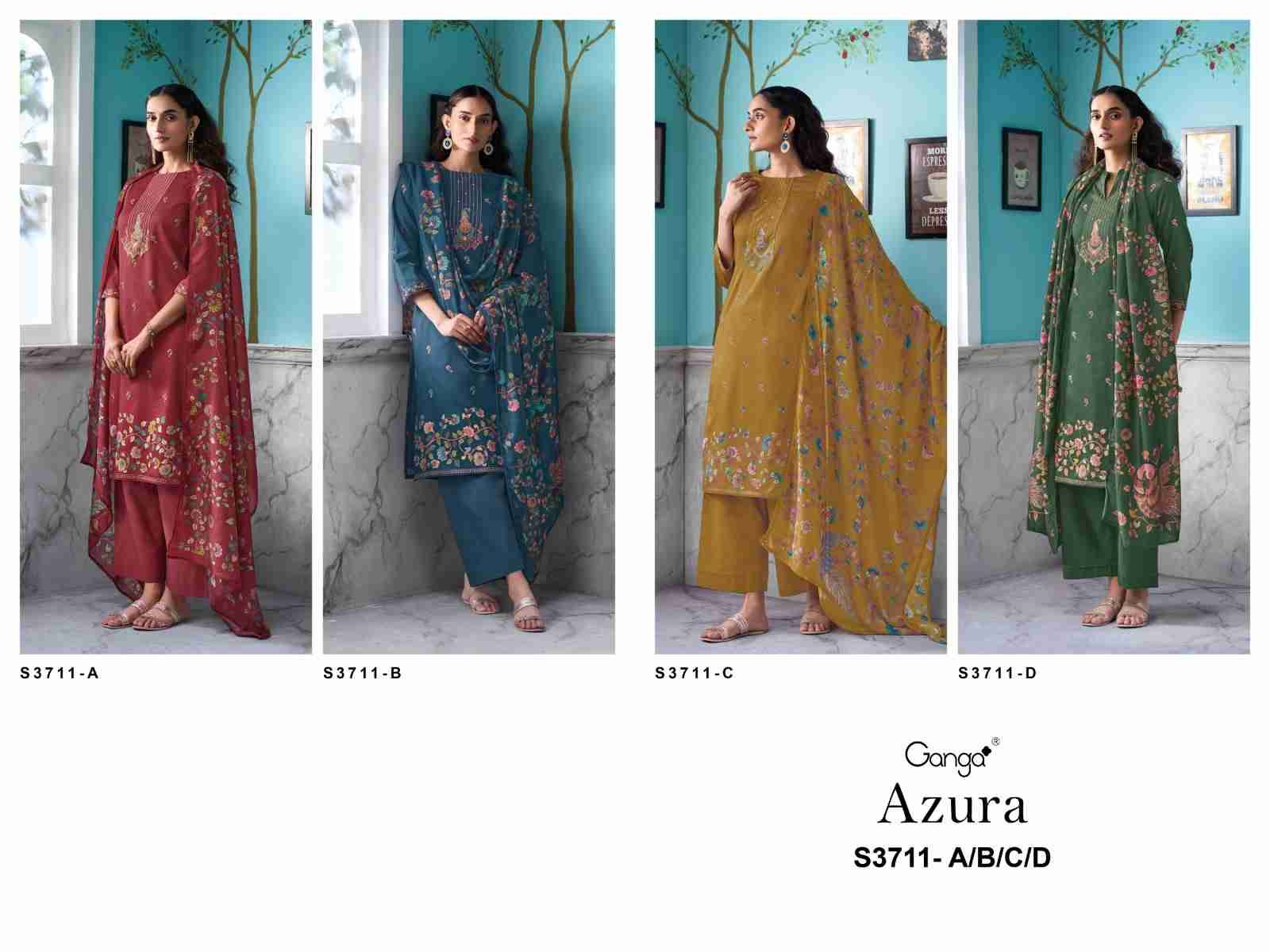 Azura-3711 By Ganga Fashion 3711-A To 3711-D Series Beautiful Festive Suits Colorful Stylish Fancy Casual Wear & Ethnic Wear Pure Cotton Satin Dresses At Wholesale Price