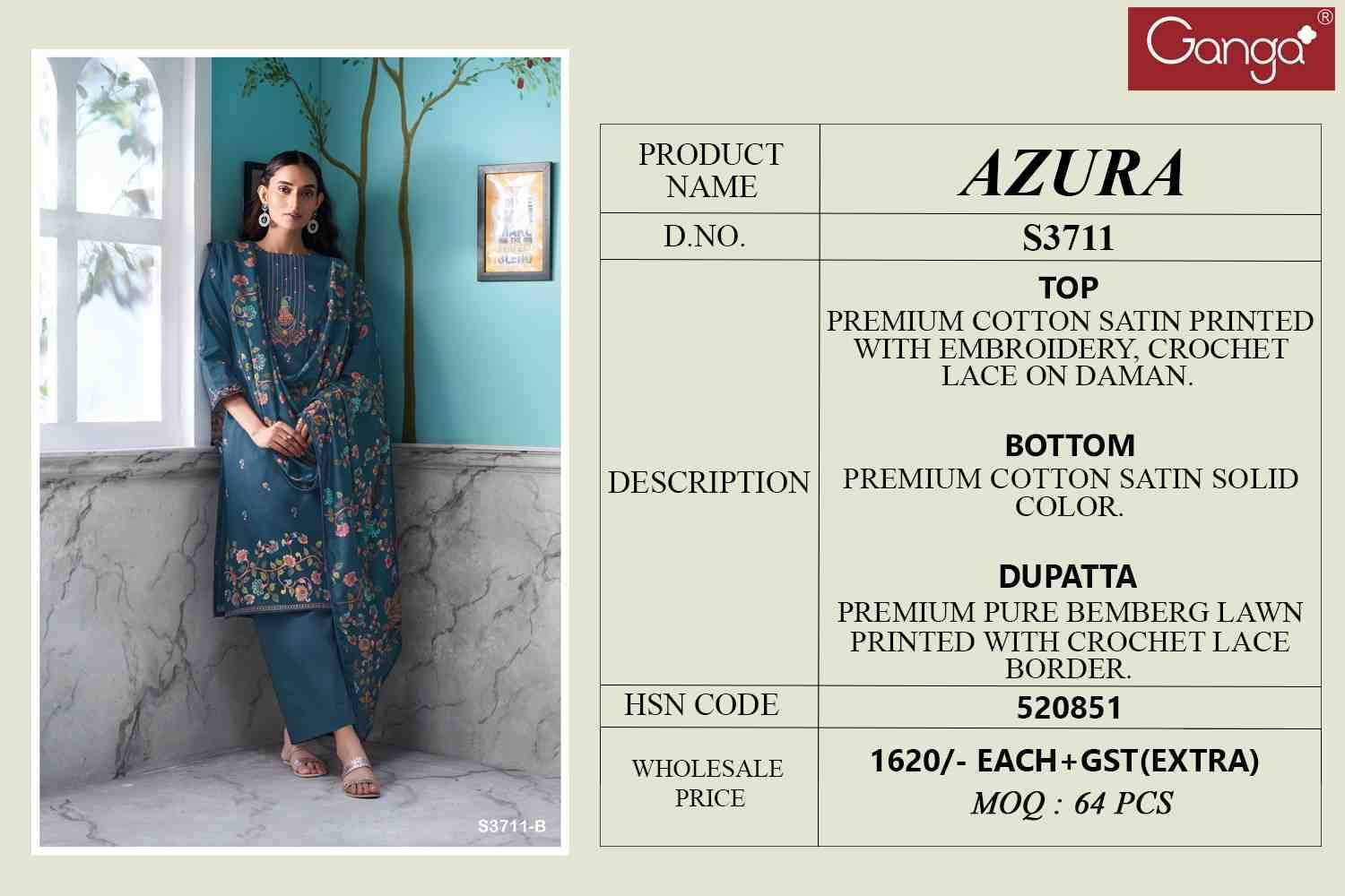 Azura-3711 By Ganga Fashion 3711-A To 3711-D Series Beautiful Festive Suits Colorful Stylish Fancy Casual Wear & Ethnic Wear Pure Cotton Satin Dresses At Wholesale Price