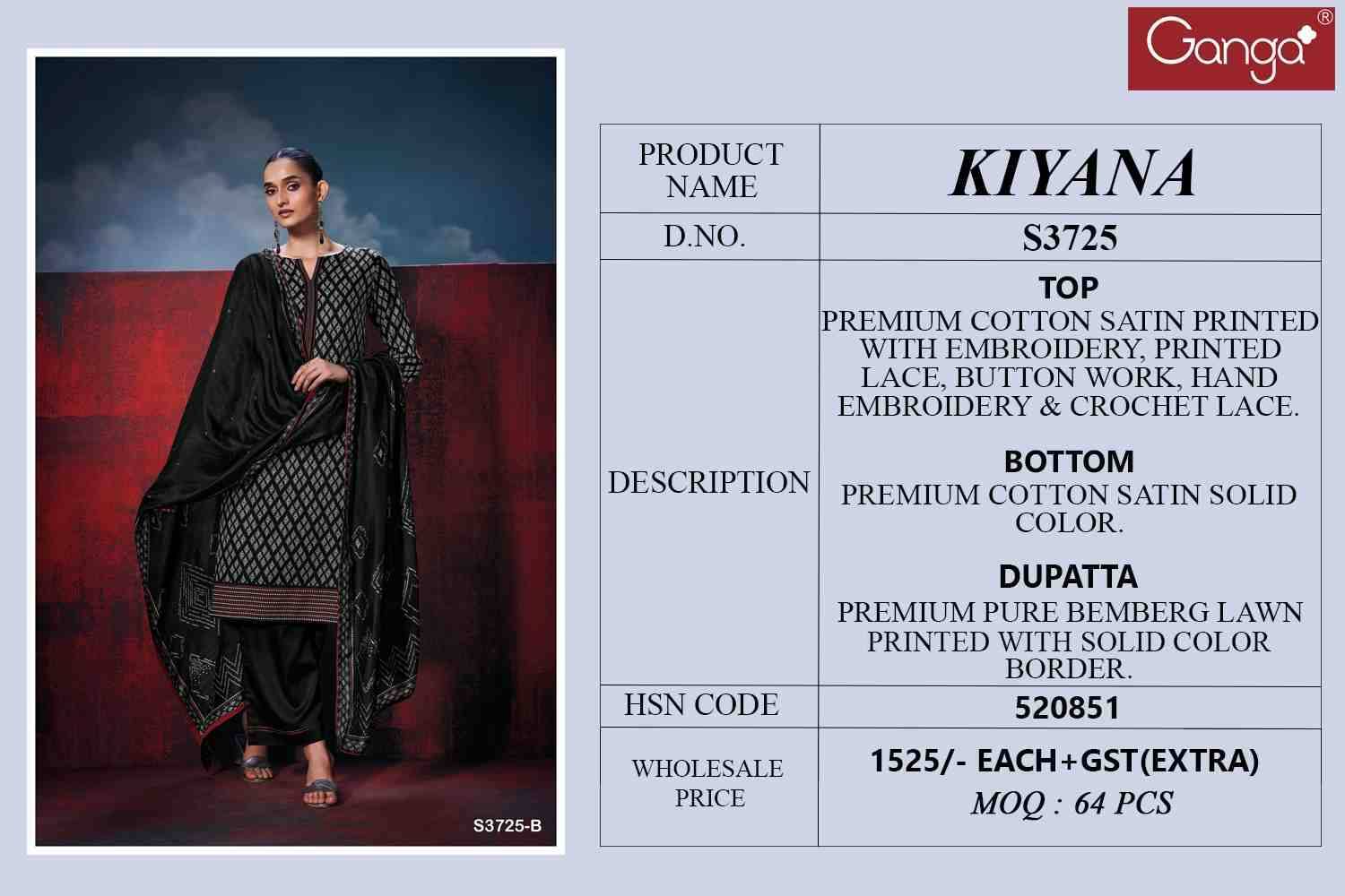 Kiyana-3725 By Ganga Fashion 3725-A To 3725-D Series Beautiful Festive Suits Colorful Stylish Fancy Casual Wear & Ethnic Wear Pure Cotton Satin Dresses At Wholesale Price