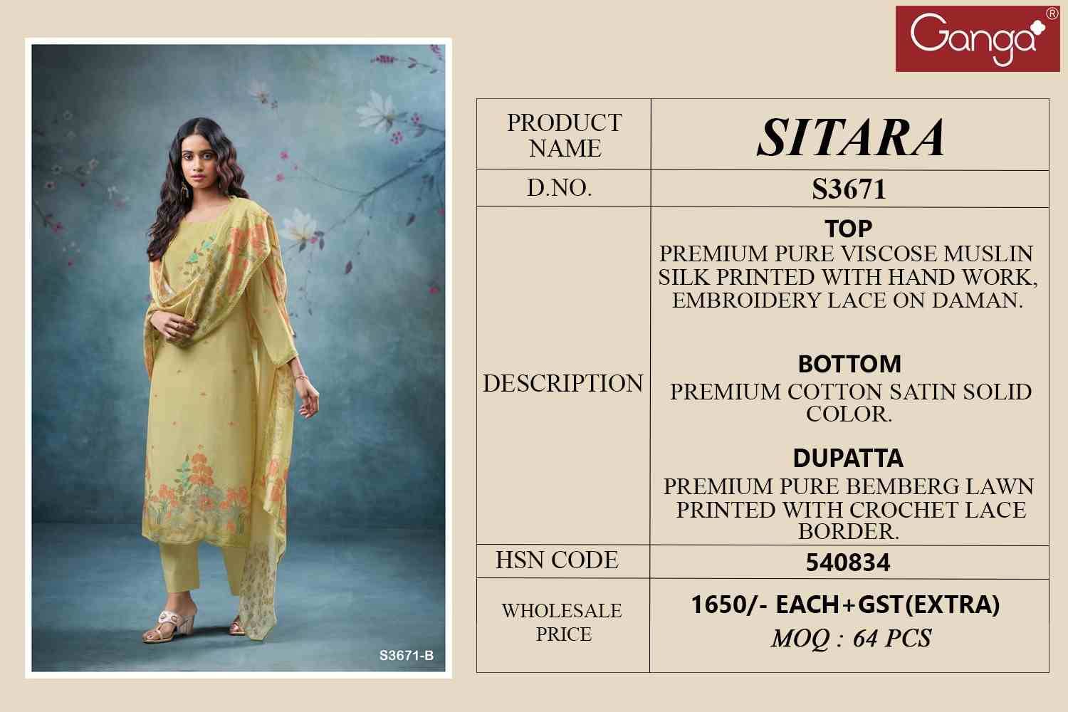Sitara-3671 By Ganga Fashion 3671-A To 3671-D Series Beautiful Festive Suits Colorful Stylish Fancy Casual Wear & Ethnic Wear Pure Viscose Muslin Silk Dresses At Wholesale Price
