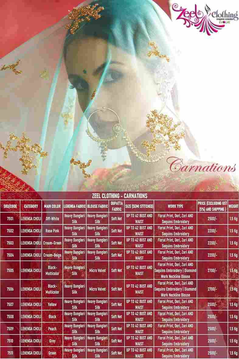 Carnations By Zeel Clothing 7501 To 7511 Series Indian Traditional Beautiful Stylish Designer Banarasi Silk Jacquard Embroidered Party Wear Bangalori Silk Lehengas At Wholesale Price