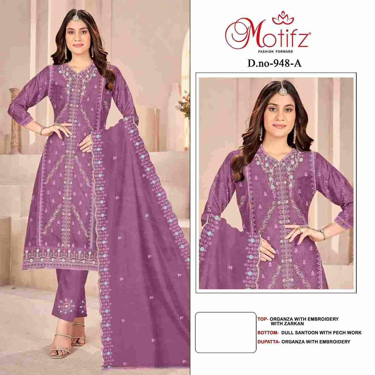 Motifz Hit Design 948 Colours By Motifz 948-A To 948-D Series Beautiful Pakistani Suits Colorful Stylish Fancy Casual Wear & Ethnic Wear Organza Dresses At Wholesale Price