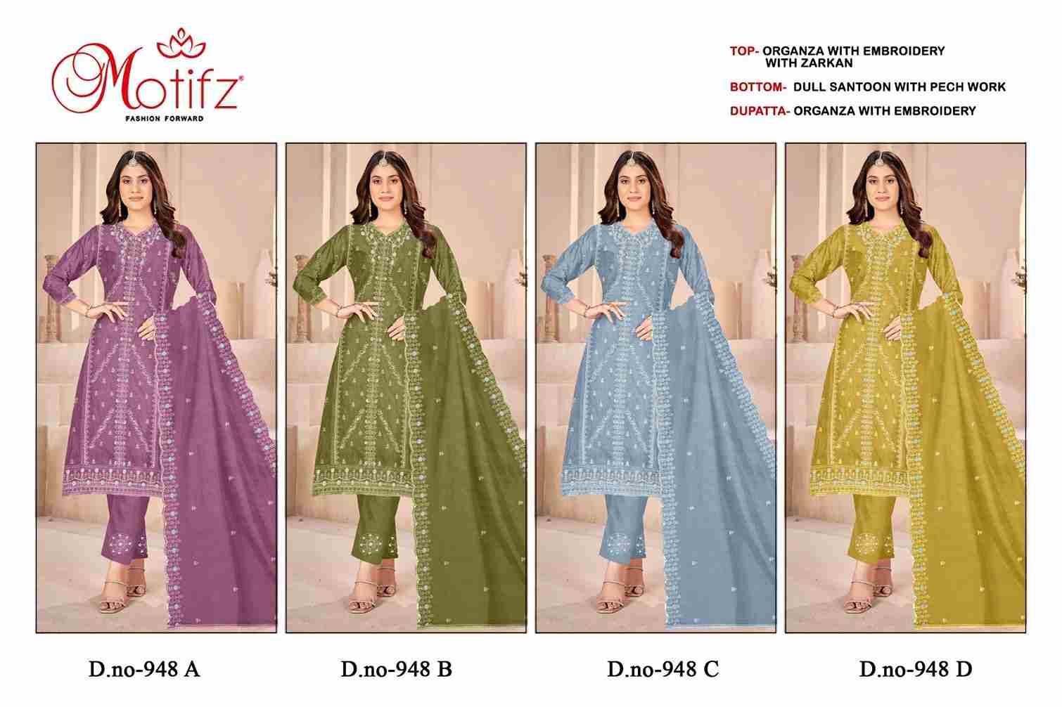 Motifz Hit Design 948 Colours By Motifz 948-A To 948-D Series Beautiful Pakistani Suits Colorful Stylish Fancy Casual Wear & Ethnic Wear Organza Dresses At Wholesale Price