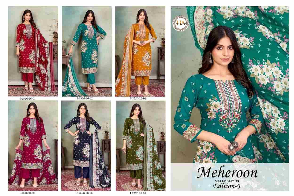 Meheroon Vol-9 By Harshit Fashion Hub 2526-26-01 To 2526-26-06 Series Beautiful Suits Colorful Stylish Fancy Casual Wear & Ethnic Wear Pure Viscose Rayon Print Dresses At Wholesale Price