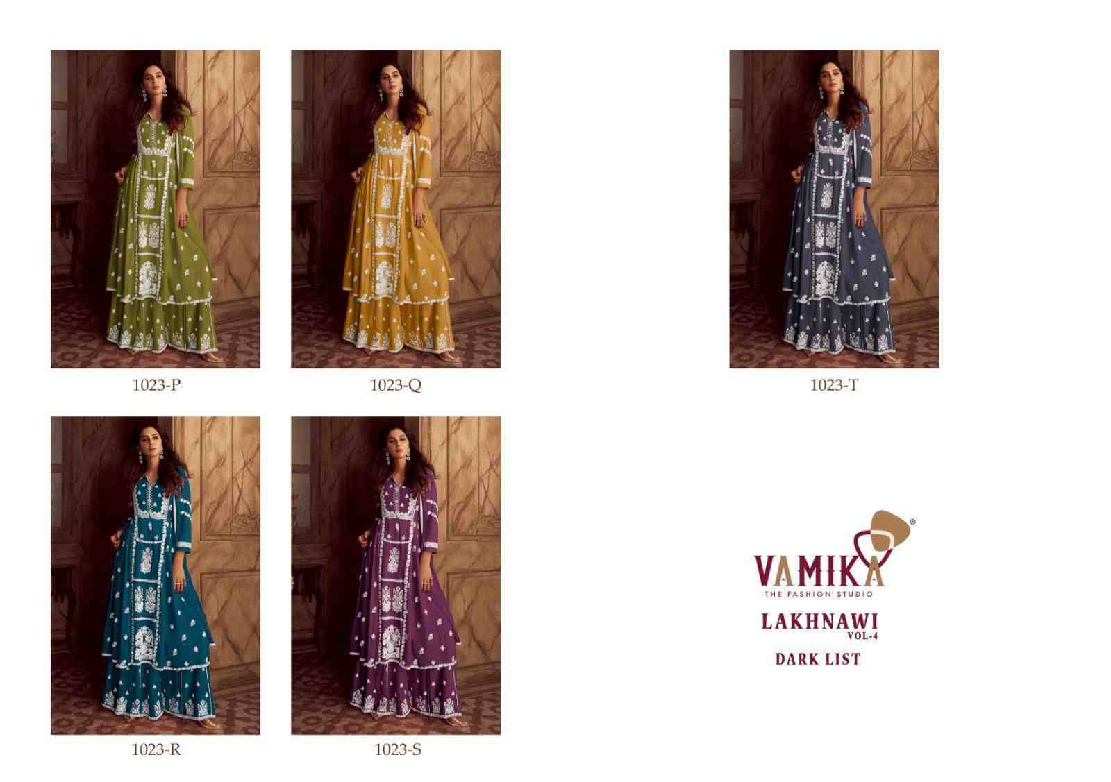 Lakhnavi Vol-4 Dark List By Vamika 1023-P To 1023-T Series Beautiful Stylish Sharara Suits Fancy Colorful Casual Wear & Ethnic Wear & Ready To Wear Pure Rayon Printed Dresses At Wholesale Price