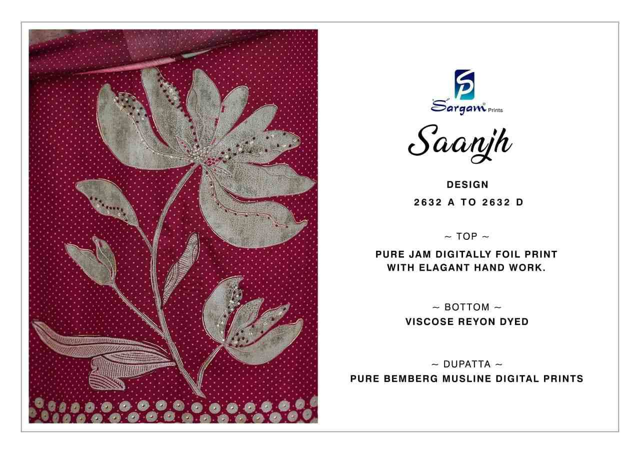 Saanjh By Sargam Prints 2632-A To 2632-D Series Beautiful Festive Suits Stylish Fancy Colorful Casual Wear & Ethnic Wear Pure Jam Print Dresses At Wholesale Price