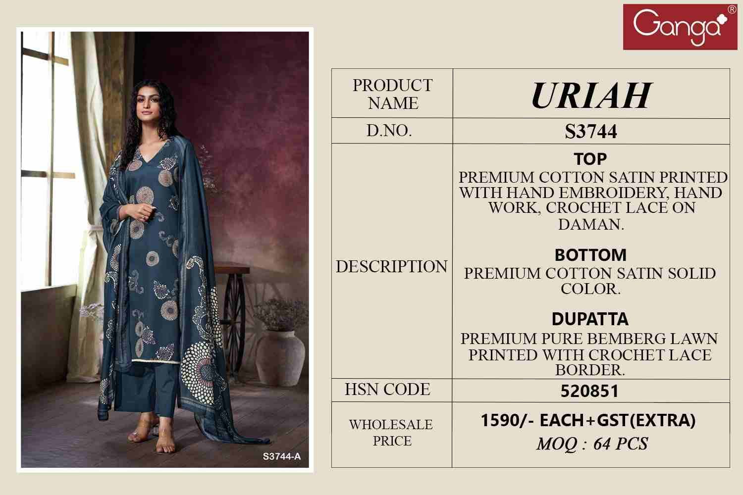 Uriah-3744 By Ganga Fashion 3744-A To 3744-D Series Beautiful Festive Suits Colorful Stylish Fancy Casual Wear & Ethnic Wear Pure Cotton Satin Dresses At Wholesale Price