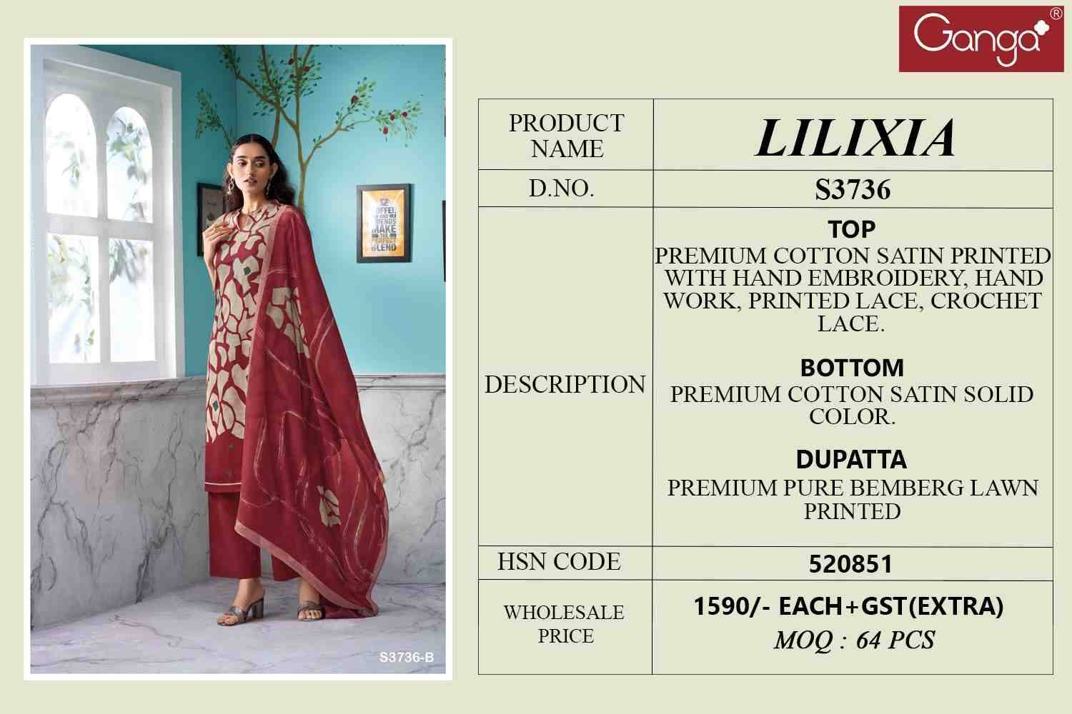 Lilixia-3736 By Ganga Fashion 3736-A To 3736-C Series Beautiful Festive Suits Colorful Stylish Fancy Casual Wear & Ethnic Wear Pure Cotton Satin Dresses At Wholesale Price