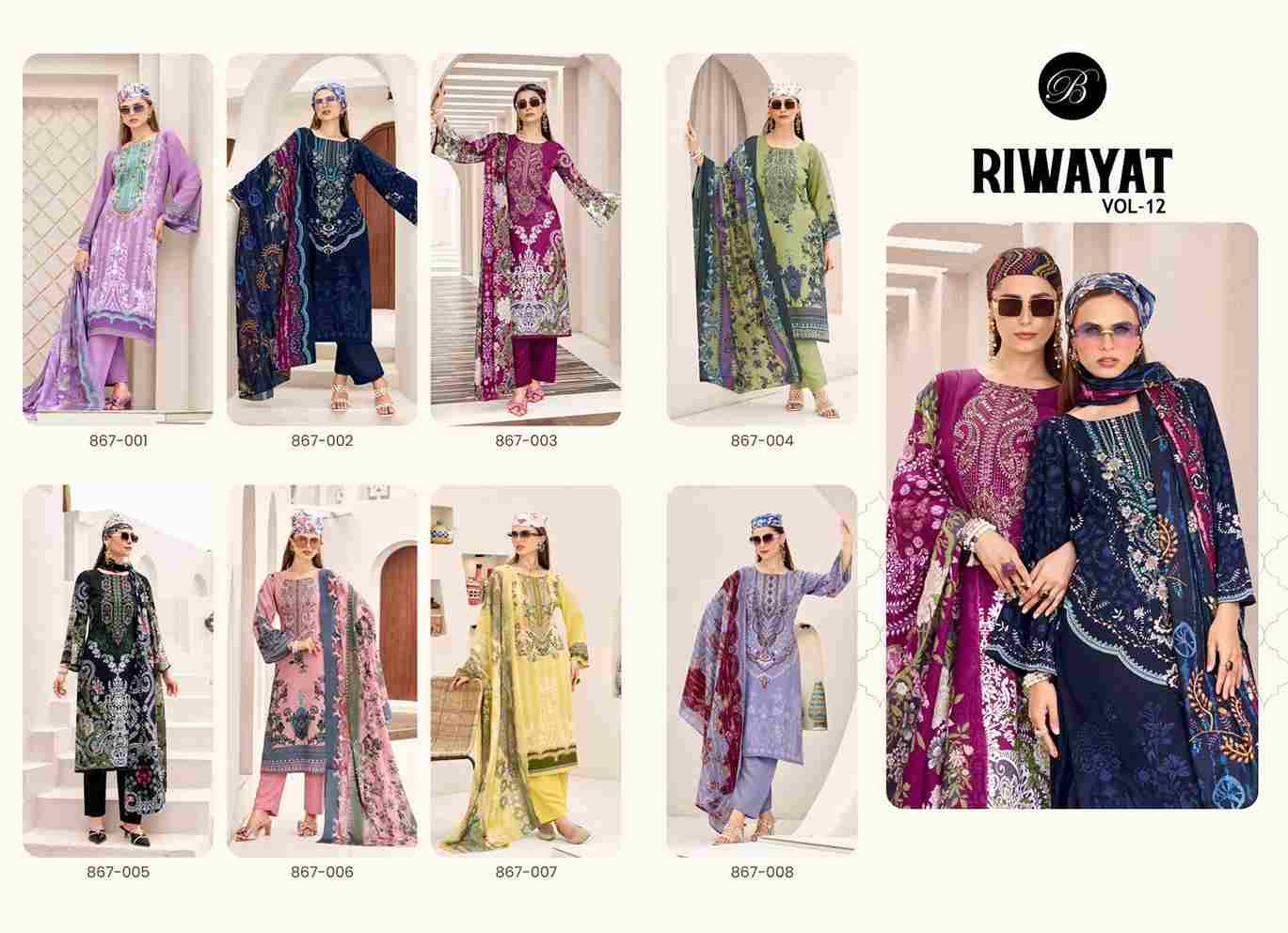 Riwayat Vol-12 By Belliza 867-001 To 867-008 Series Beautiful Festive Suits Stylish Fancy Colorful Casual Wear & Ethnic Wear Pure Viscose Rayon Print Dresses At Wholesale Price