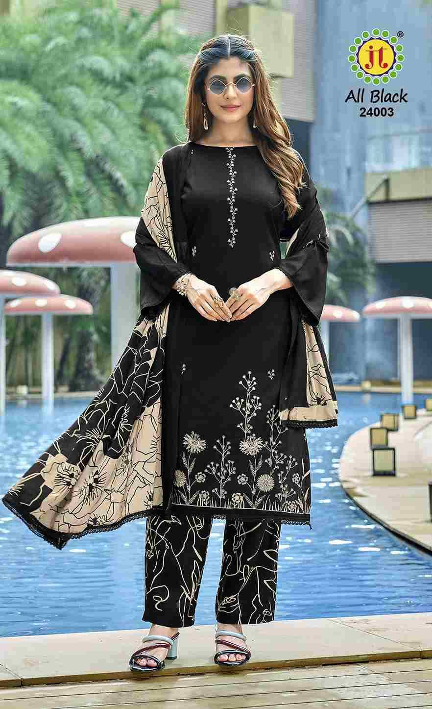 All Black Vol-24 By JT 24001 To 24005 Series Beautiful Festive Suits Colorful Stylish Fancy Casual Wear & Ethnic Wear Rayon Dresses At Wholesale Price