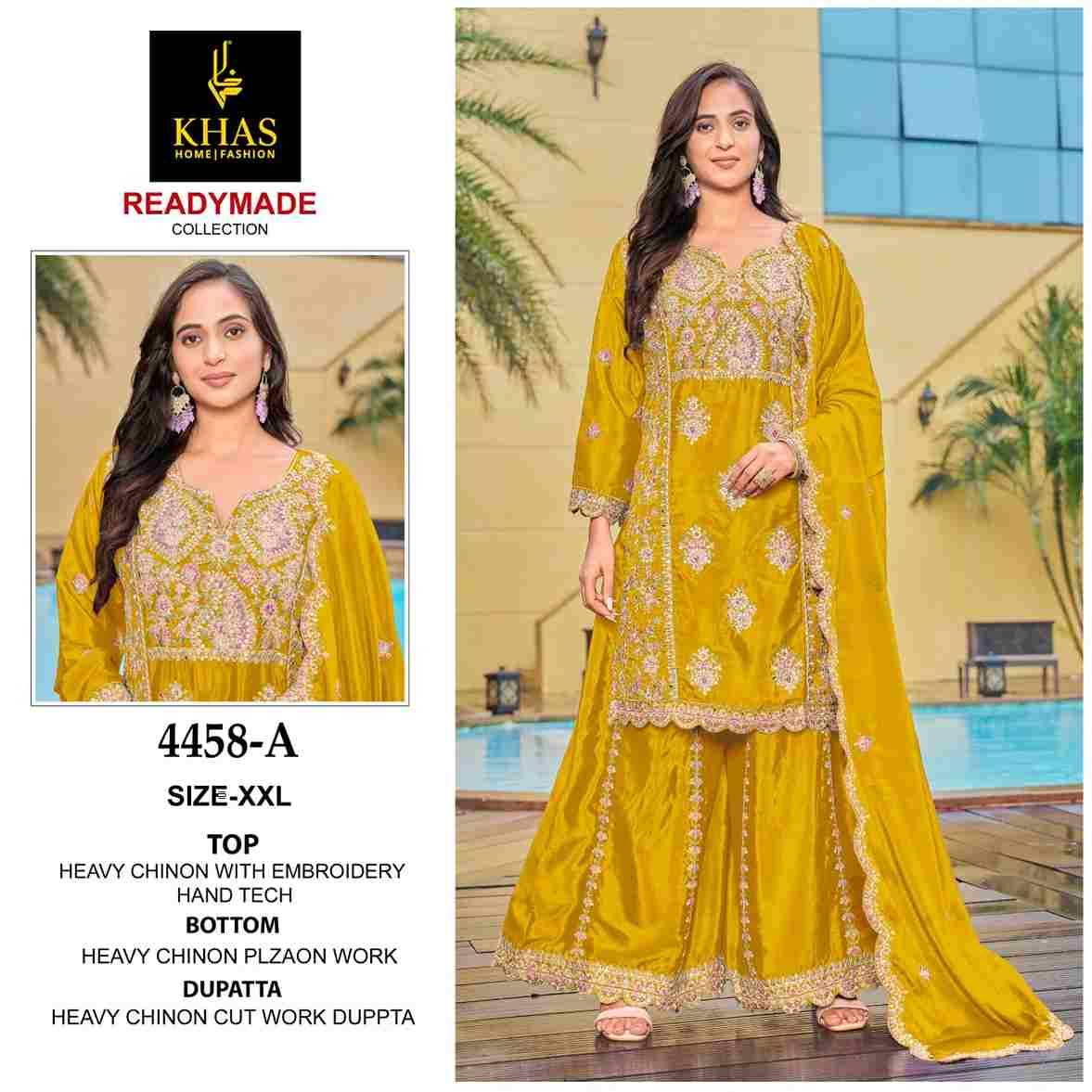 Khas 4458 Colours By Khas 4458-A To 4458-C Series Beautiful Pakistani Suits Colorful Stylish Fancy Casual Wear & Ethnic Wear Heavy Chinnon Dresses At Wholesale Price