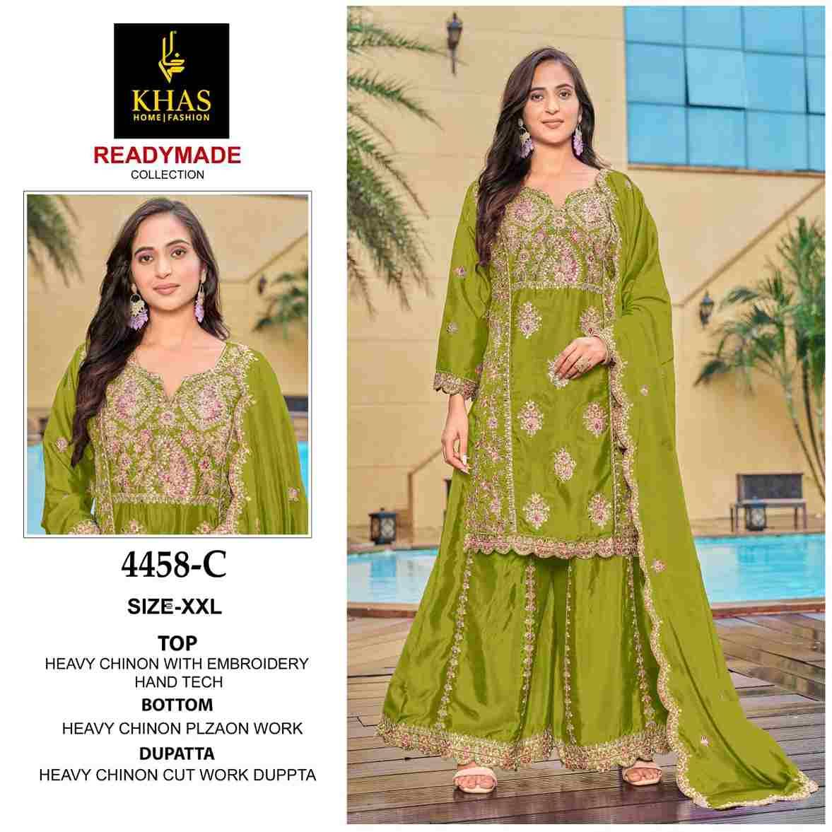 Khas 4458 Colours By Khas 4458-A To 4458-C Series Beautiful Pakistani Suits Colorful Stylish Fancy Casual Wear & Ethnic Wear Heavy Chinnon Dresses At Wholesale Price