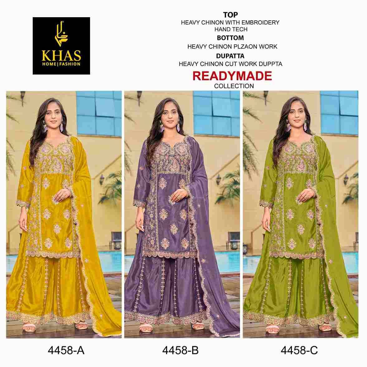 Khas 4458 Colours By Khas 4458-A To 4458-C Series Beautiful Pakistani Suits Colorful Stylish Fancy Casual Wear & Ethnic Wear Heavy Chinnon Dresses At Wholesale Price