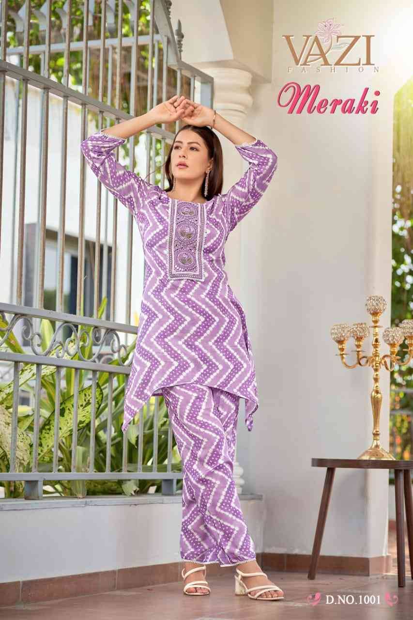 Meraki By Vazi 1001 To 1006 Series Designer Stylish Fancy Colorful Beautiful Party Wear & Ethnic Wear Collection Viscose Muslin Co-Ords At Wholesale Price