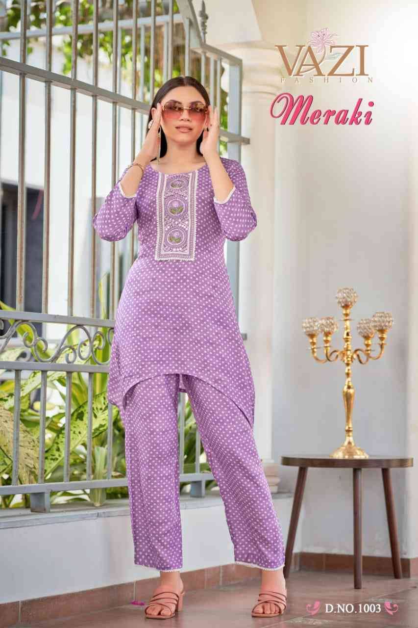 Meraki By Vazi 1001 To 1006 Series Designer Stylish Fancy Colorful Beautiful Party Wear & Ethnic Wear Collection Viscose Muslin Co-Ords At Wholesale Price