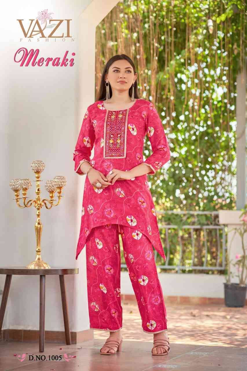 Meraki By Vazi 1001 To 1006 Series Designer Stylish Fancy Colorful Beautiful Party Wear & Ethnic Wear Collection Viscose Muslin Co-Ords At Wholesale Price