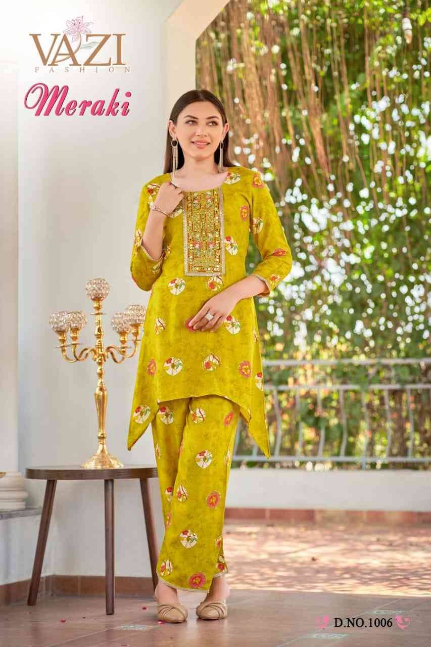 Meraki By Vazi 1001 To 1006 Series Designer Stylish Fancy Colorful Beautiful Party Wear & Ethnic Wear Collection Viscose Muslin Co-Ords At Wholesale Price
