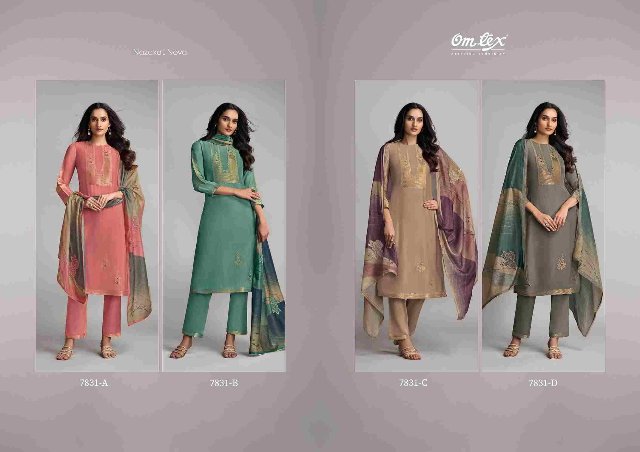 Nazakat Nova By Om Tex 7831-A To 7831-D Series Beautiful Suits Stylish Fancy Colorful Party Wear & Ethnic Wear Muslin Jacquard Dresses At Wholesale Price